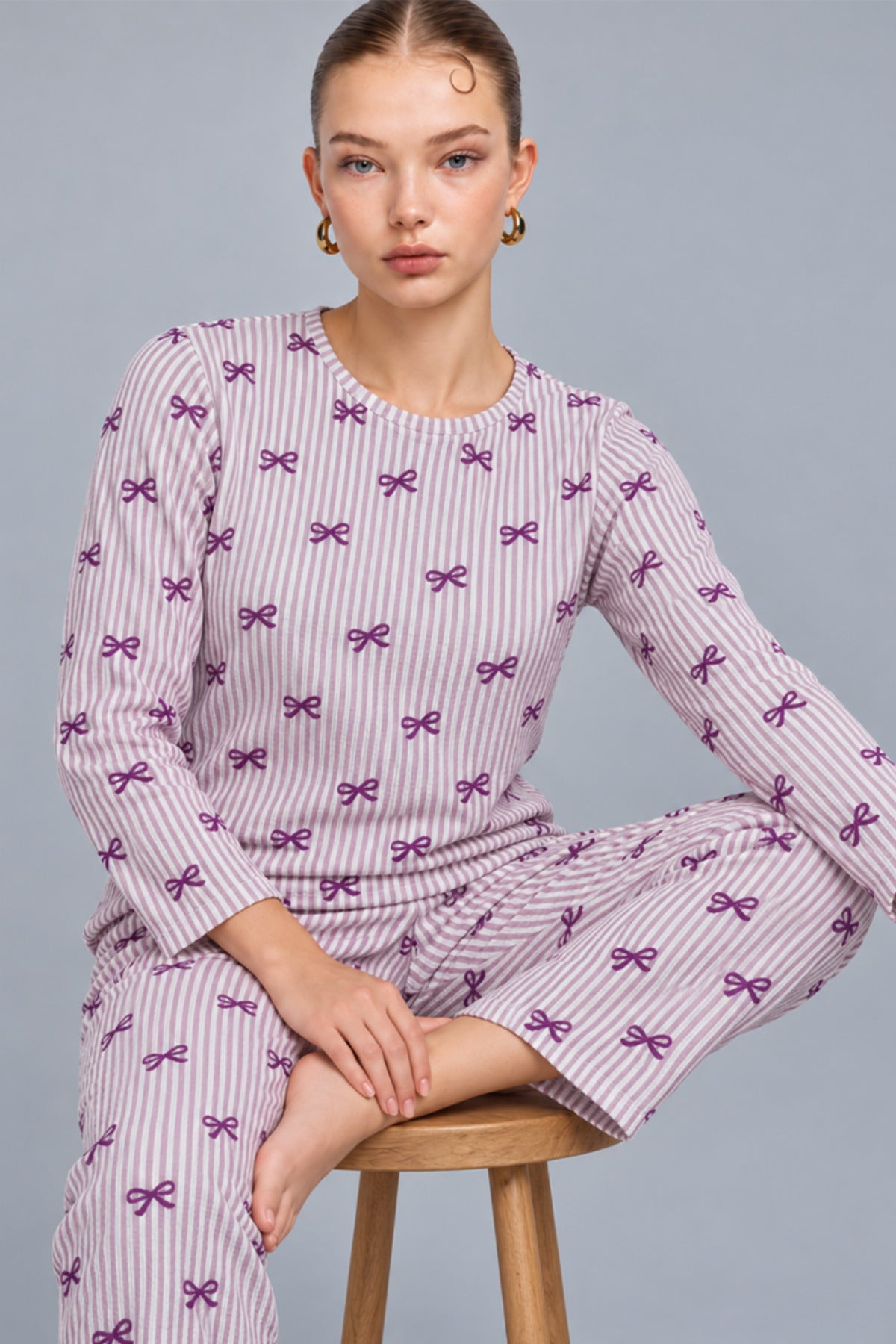 Kadın Çizgili Rahat Desenli İkili Mor Pijama Takımı 4809