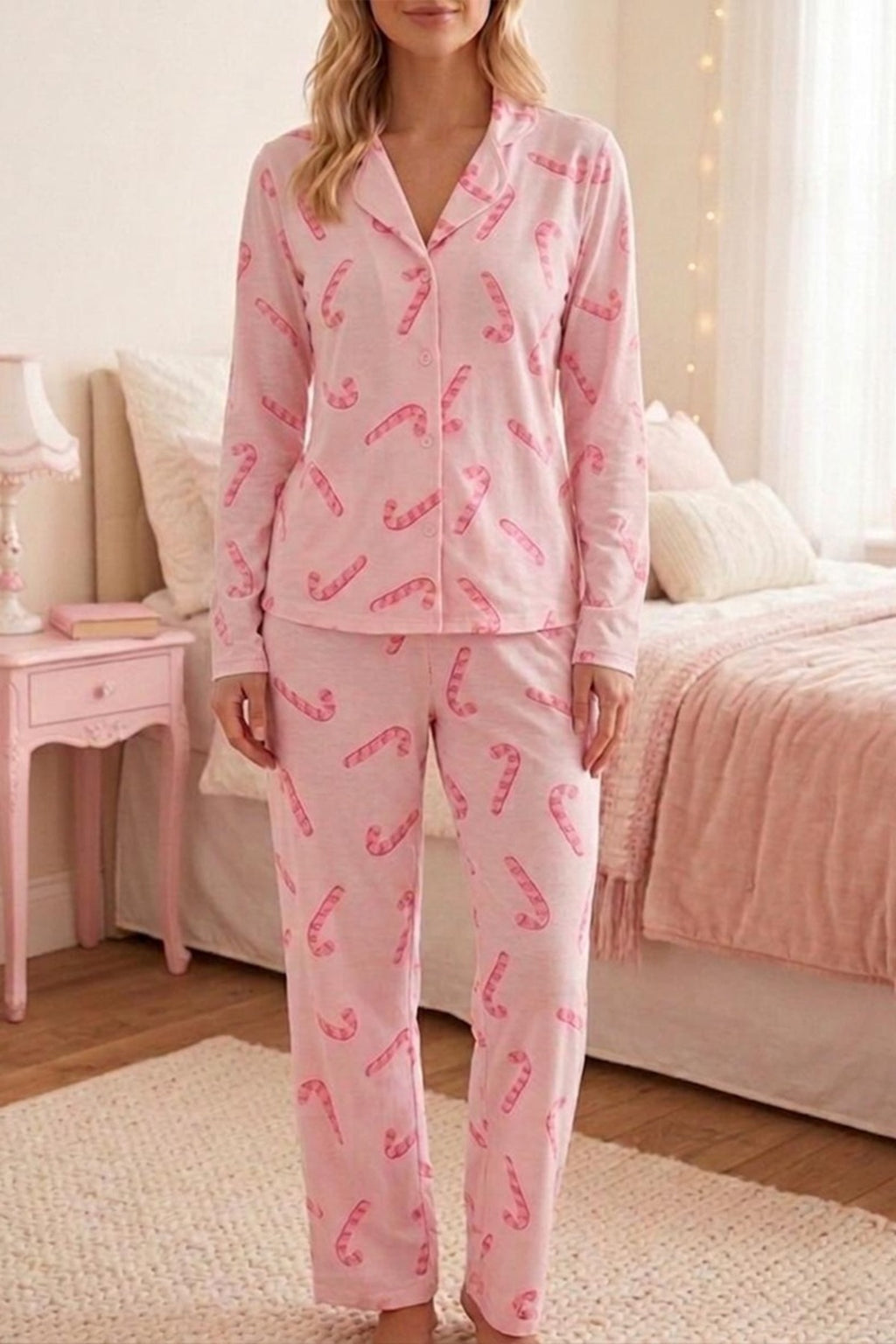 Baston Şeker Desenli Uzun Kollu Pijama Takımı 4601 -Pembe