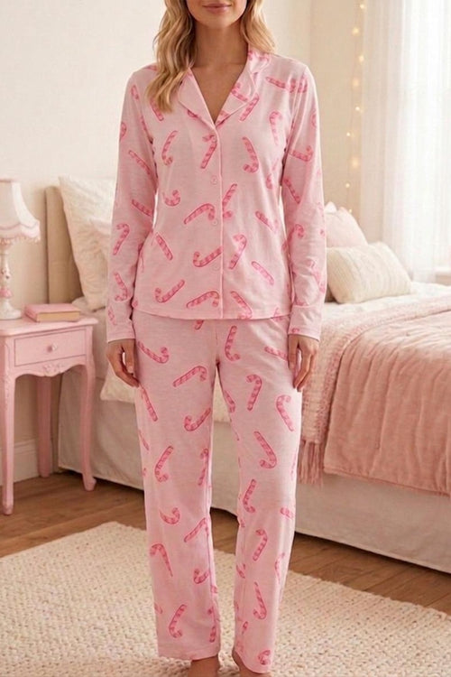 Baston Şeker Desenli Uzun Kollu Pijama Takımı 4601 -Pembe
