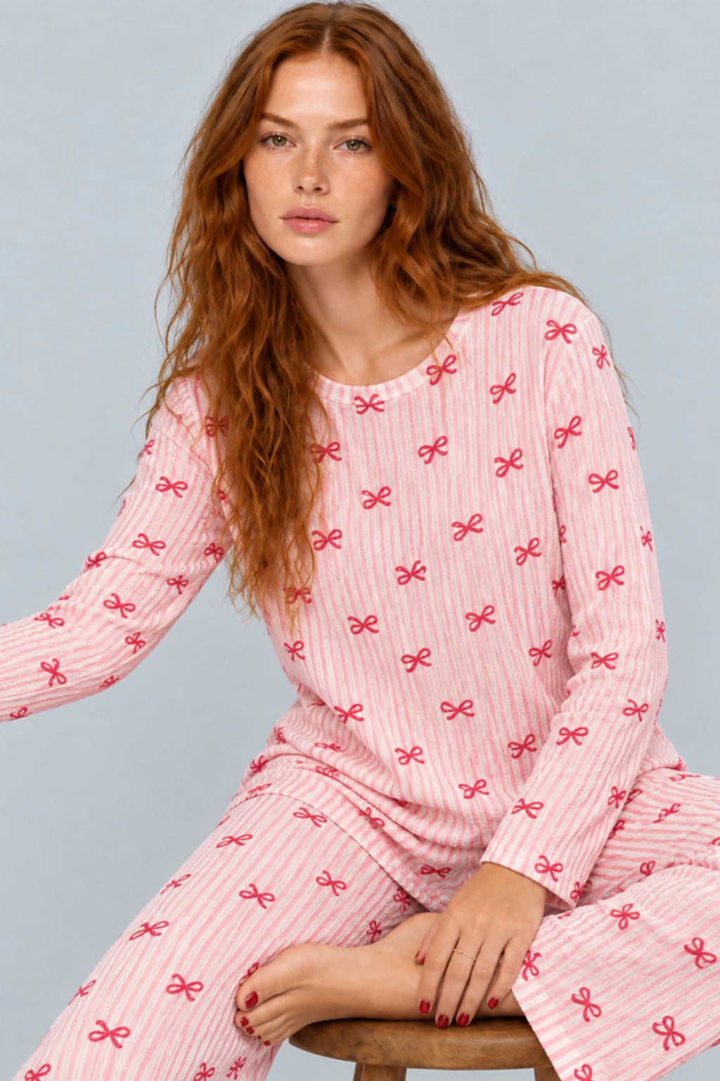 Kadın Çizgili Rahat Kalıp İkili Açık Pembe Pijama Takımı 4805