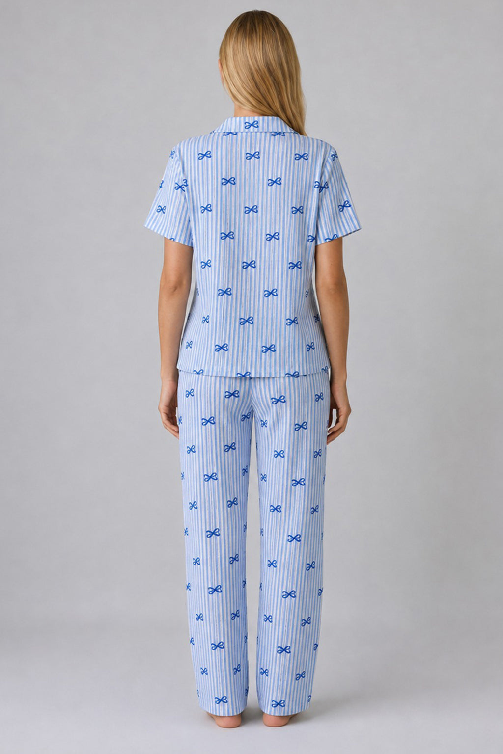 Mavi Kurdele Desenli Çizgili Bürümcük Pijama Takımı 4645-Mavi