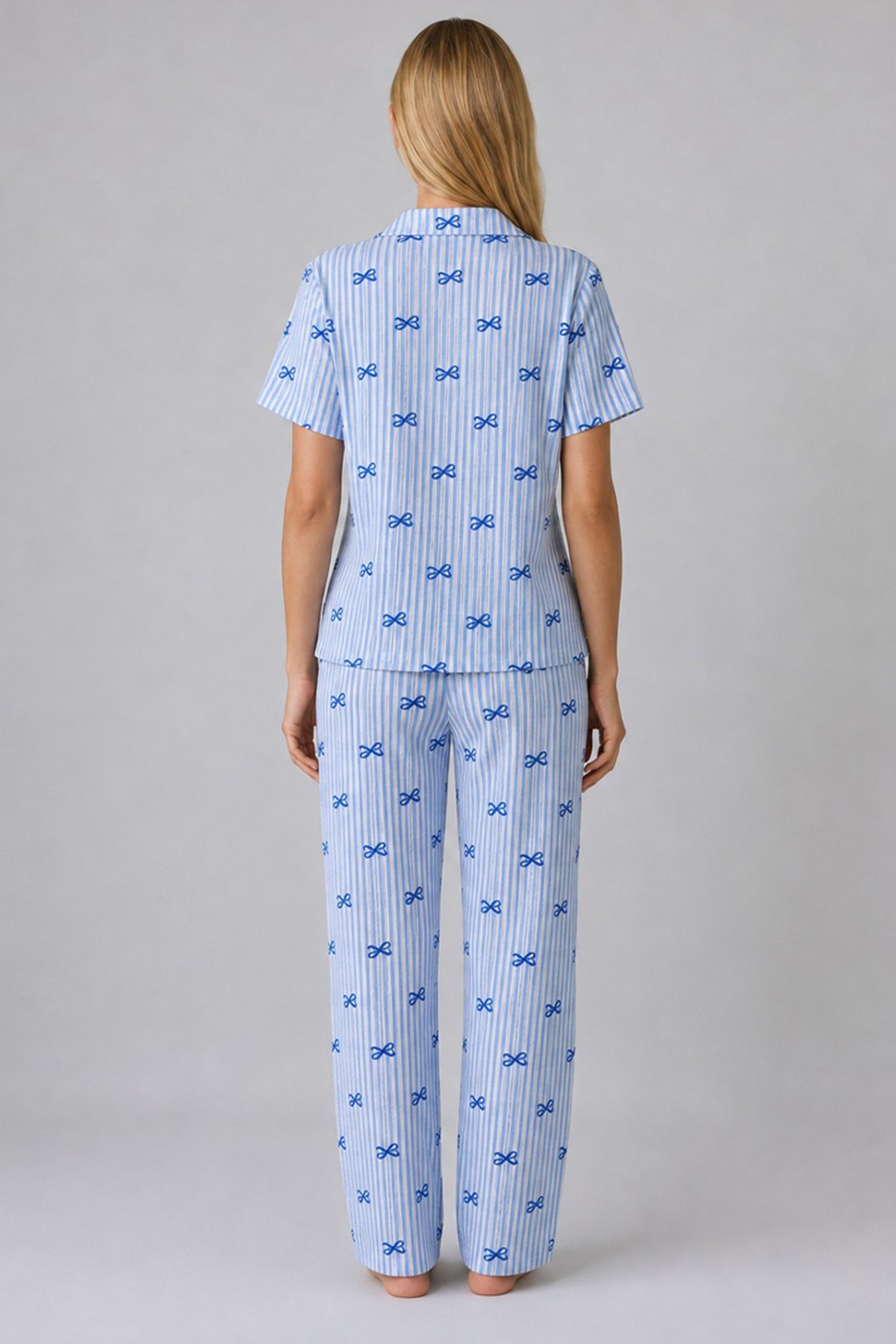 Mavi Kurdele Desenli Çizgili Bürümcük Pijama Takımı 4645-Mavi