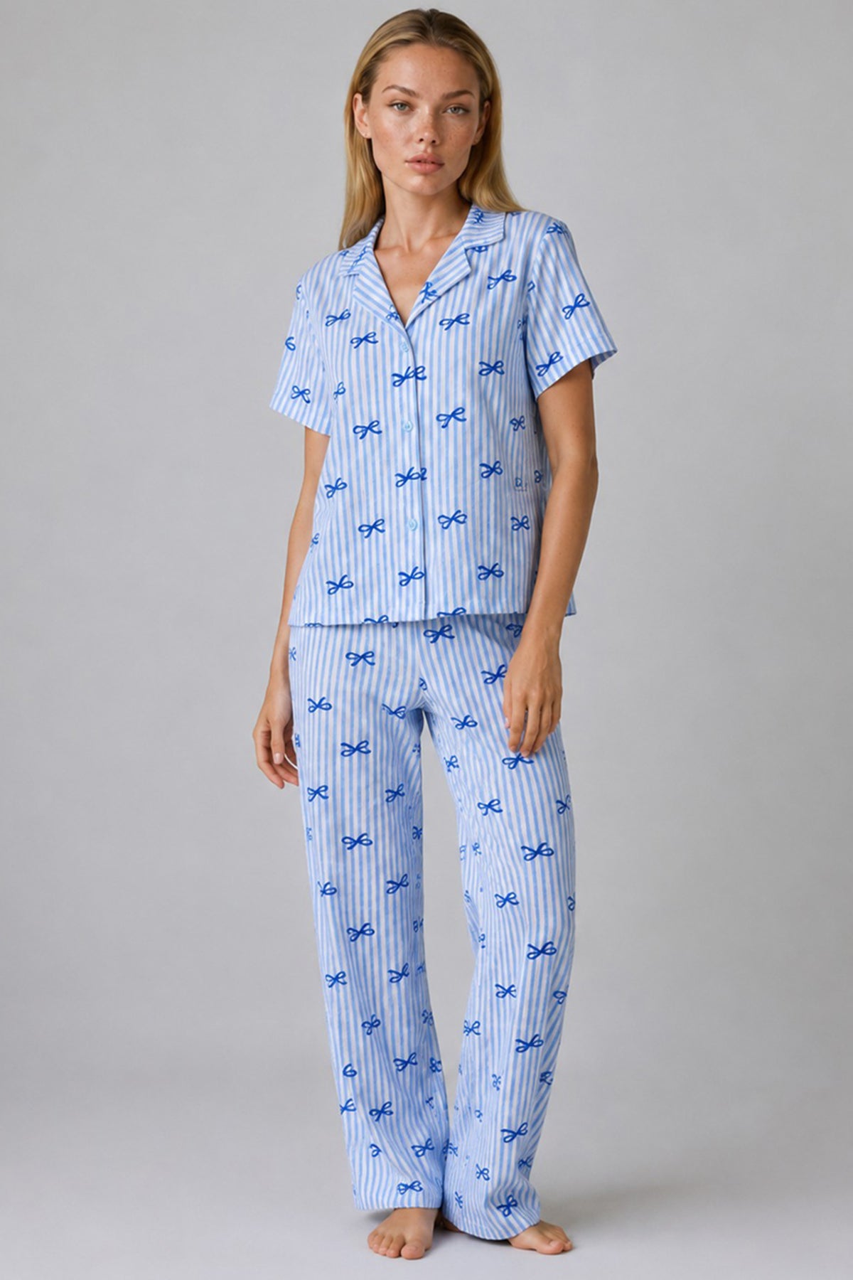 Mavi Kurdele Desenli Çizgili Bürümcük Pijama Takımı 4645-Mavi