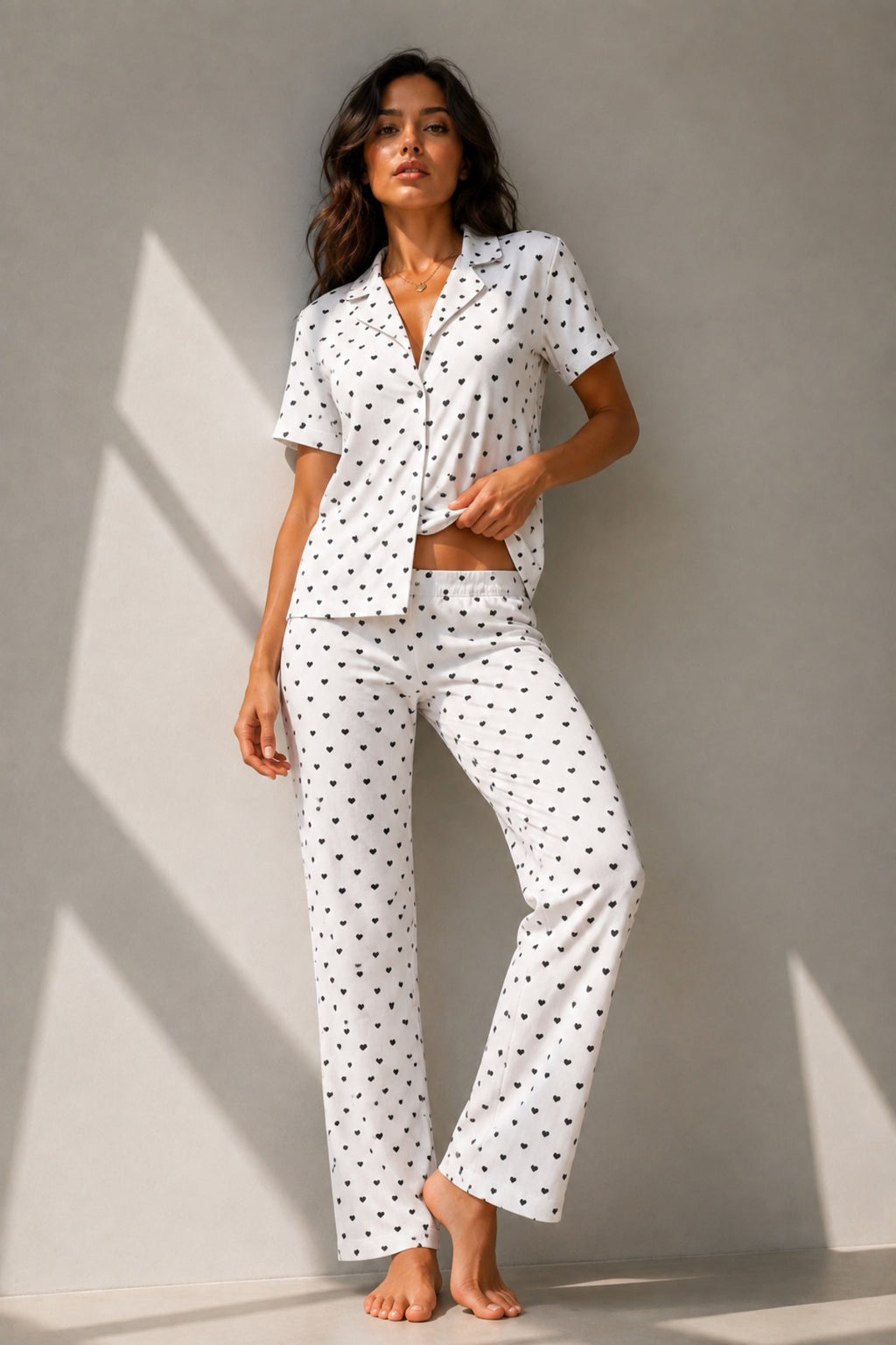 Kadın Klasik Doğal Düğme Gece Kar Beyaz Pijama Takımı