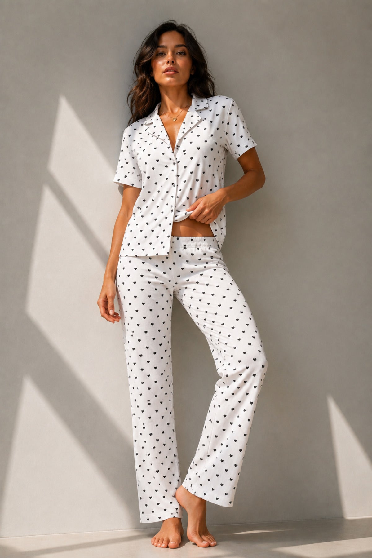 Kadın Klasik Doğal Düğme Gece Kar Beyaz Pijama Takımı