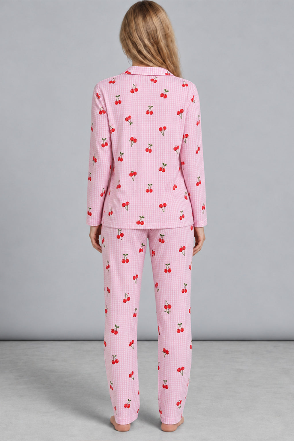 Kadın Kiraz Desenli Pötikare Pembe Pijama Takımı 4793