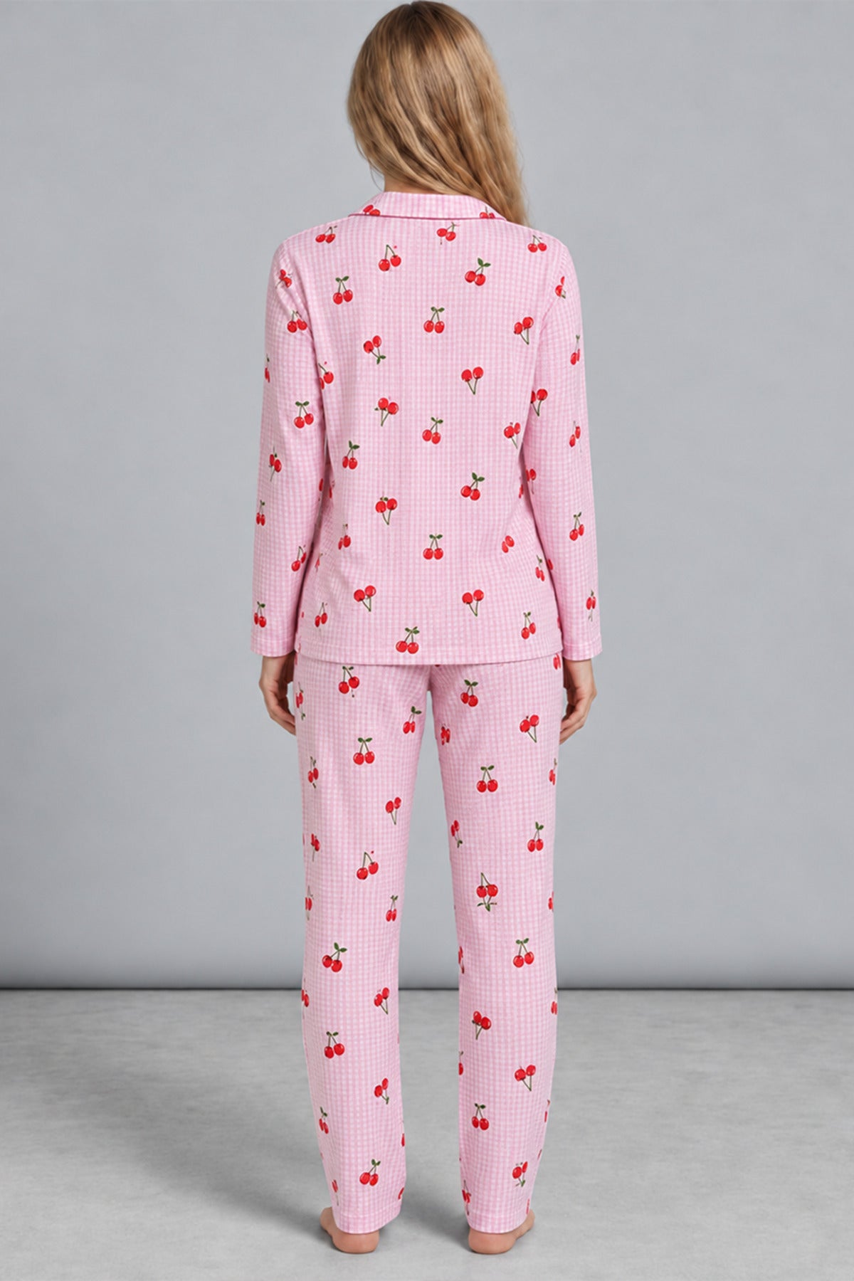 Kadın Kiraz Desenli Pötikare Pembe Pijama Takımı 4793