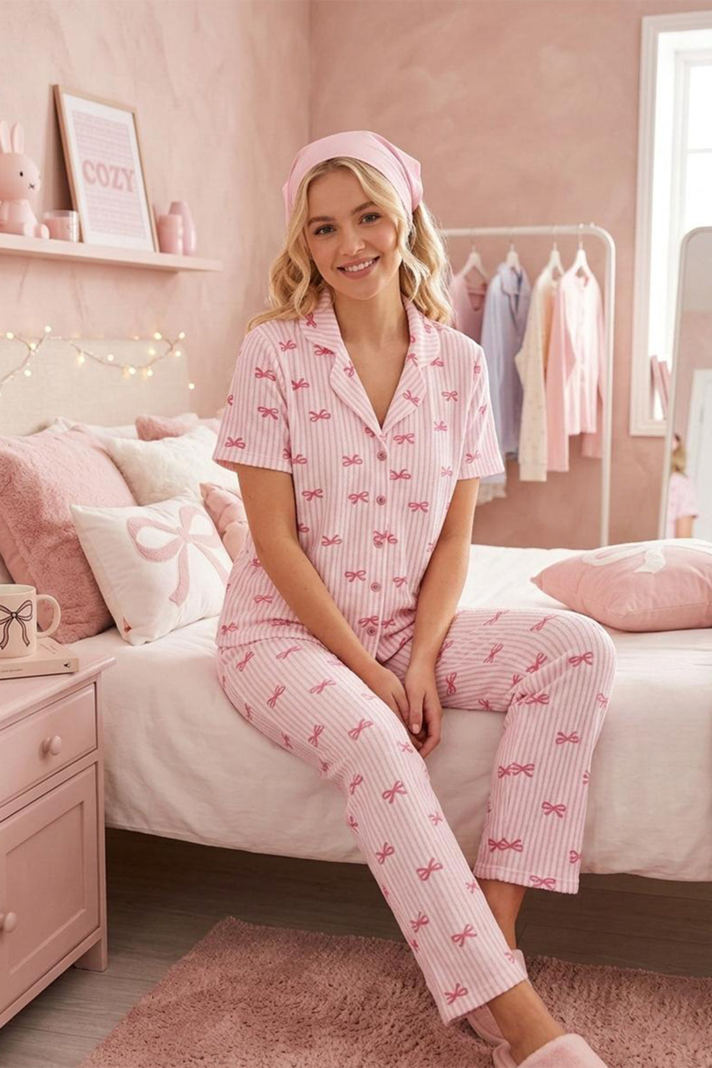 Pembe Kurdele Desenli Bürümçük kumaş Kısa Kollu Pijama Takımı 6064