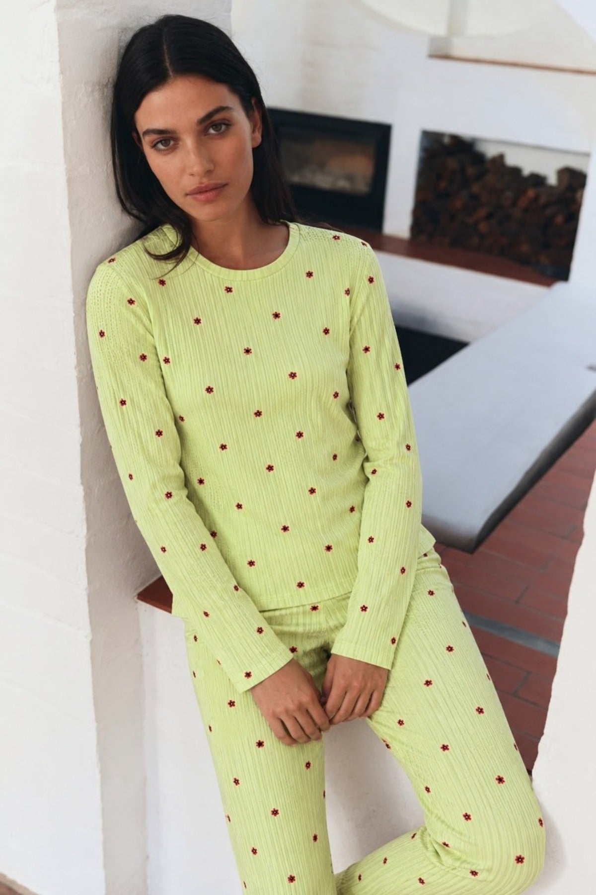 Kadın Desenli Uzun Kollu Rahat Yeşil Pijama Takımı