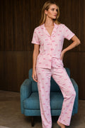 Bol Kesim V Yaka Örme Pembe Pijama Takımı