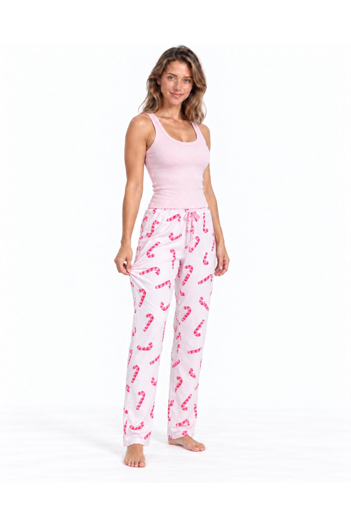 Kadın Çizgili Bluz Desenli Askılı Pembe Pijama Takımı