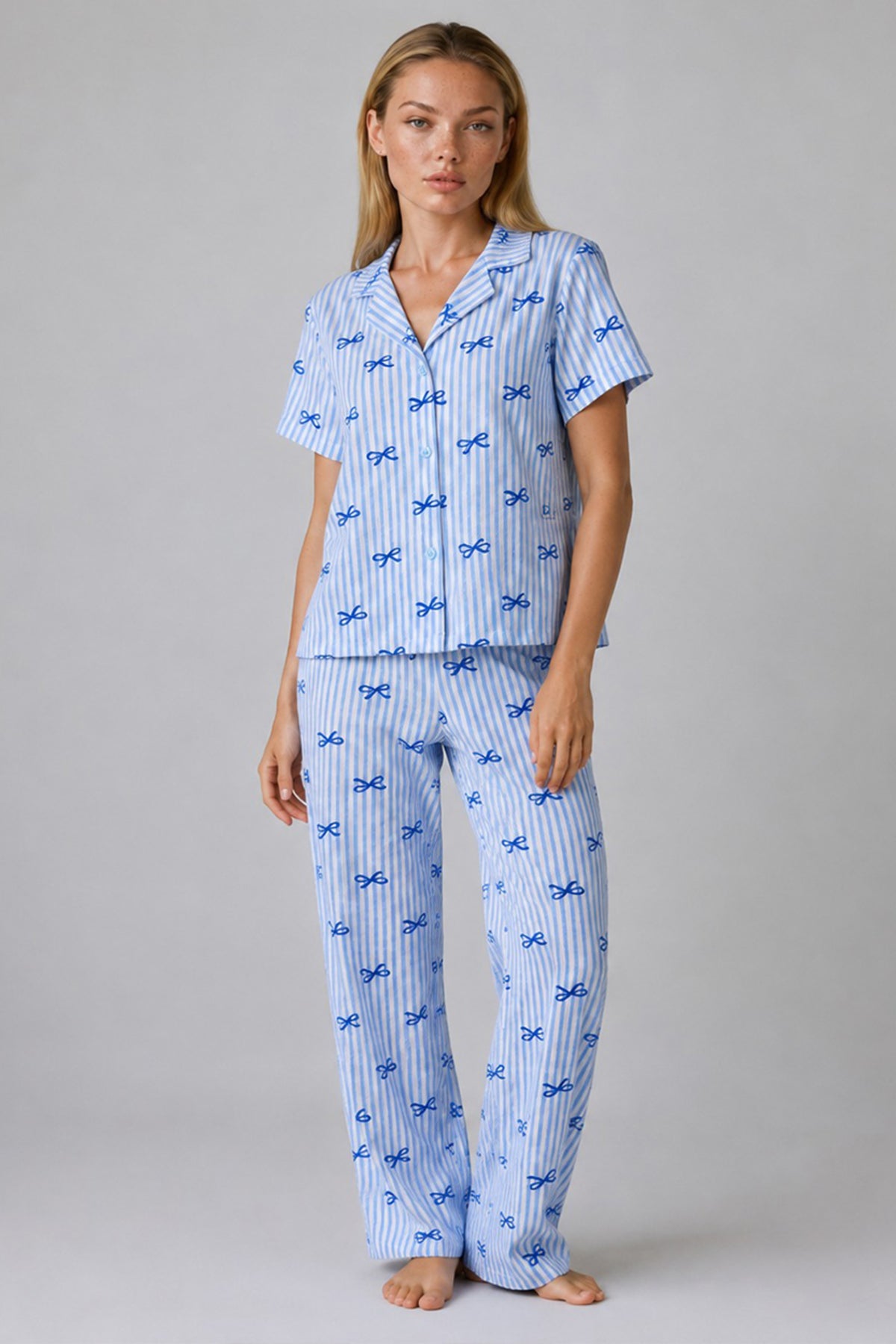 Mavi Kurdele Desenli Çizgili Bürümcük Pijama Takımı 4645-Mavi