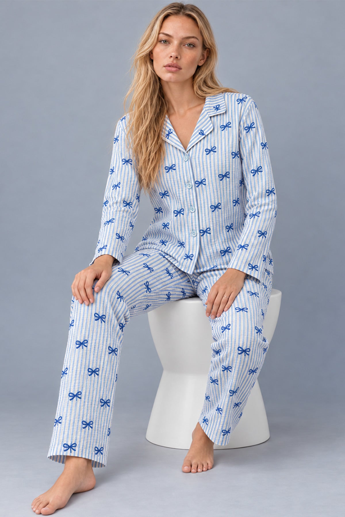 Kadın Gömlek Yaka Desenli Mavi Pijama Takımı 4816