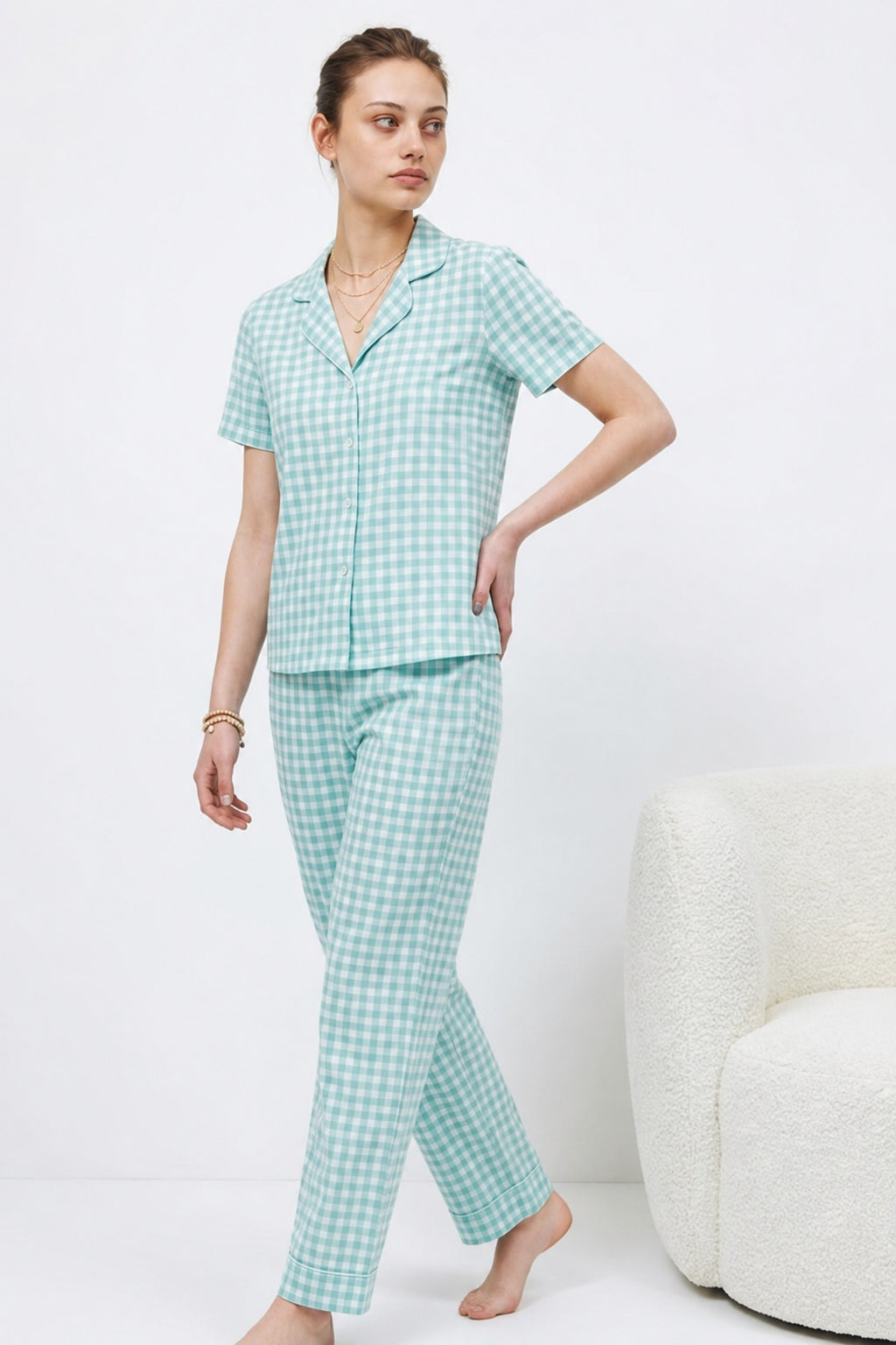 V Yaka Kapama Lastik Bel Su Yeşili Pijama Takımı