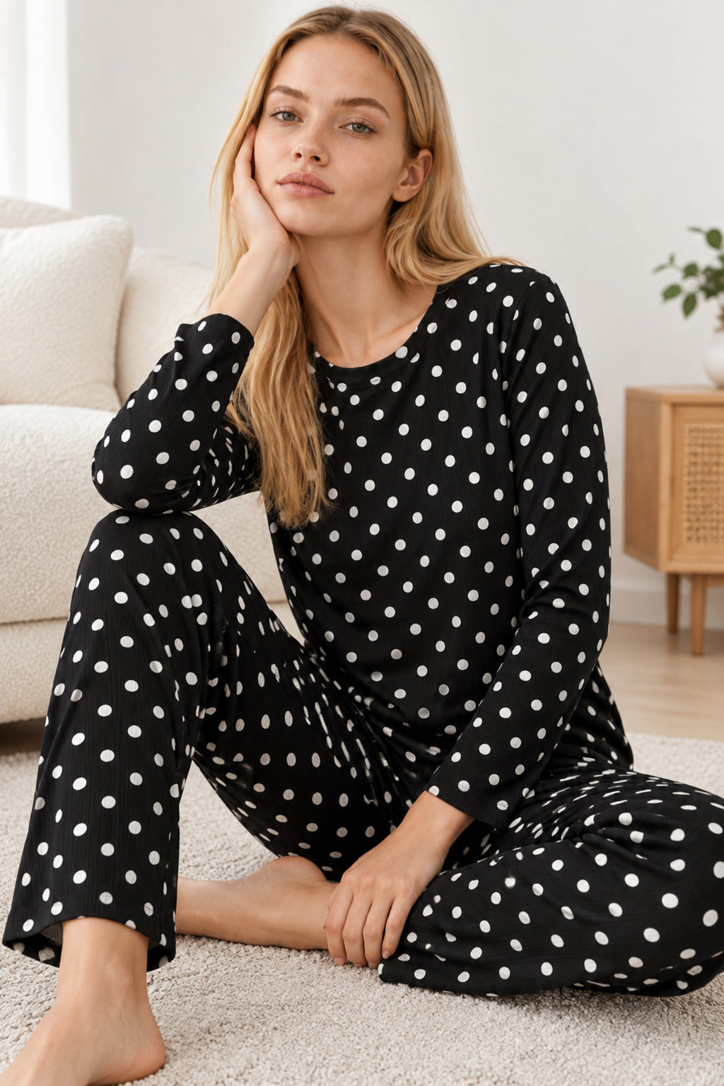 Kadın Desenli İkili Siyah Rahat Pijama Takımı 4814