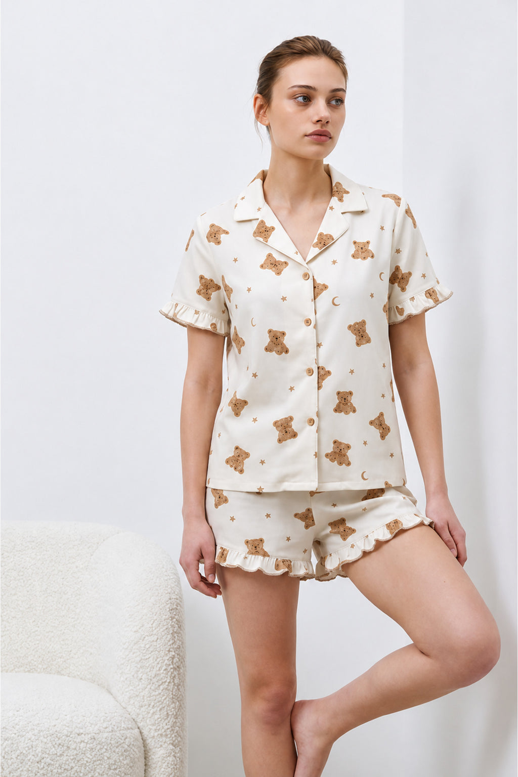 Kadın Premium Fırfırlı Kar Beeyaz Pijama Takımı Kar beyaz