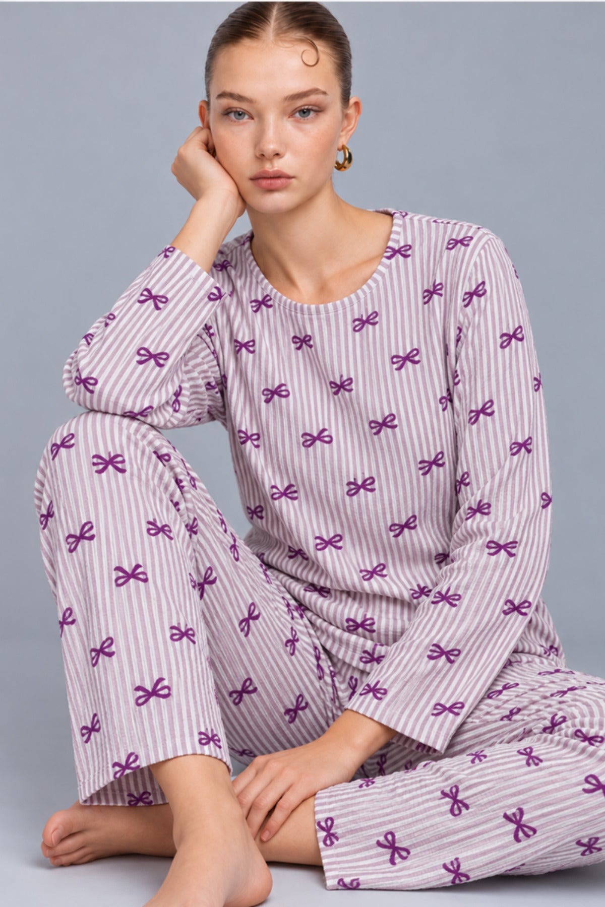 Kadın Çizgili Rahat Desenli İkili Mor Pijama Takımı 4809
