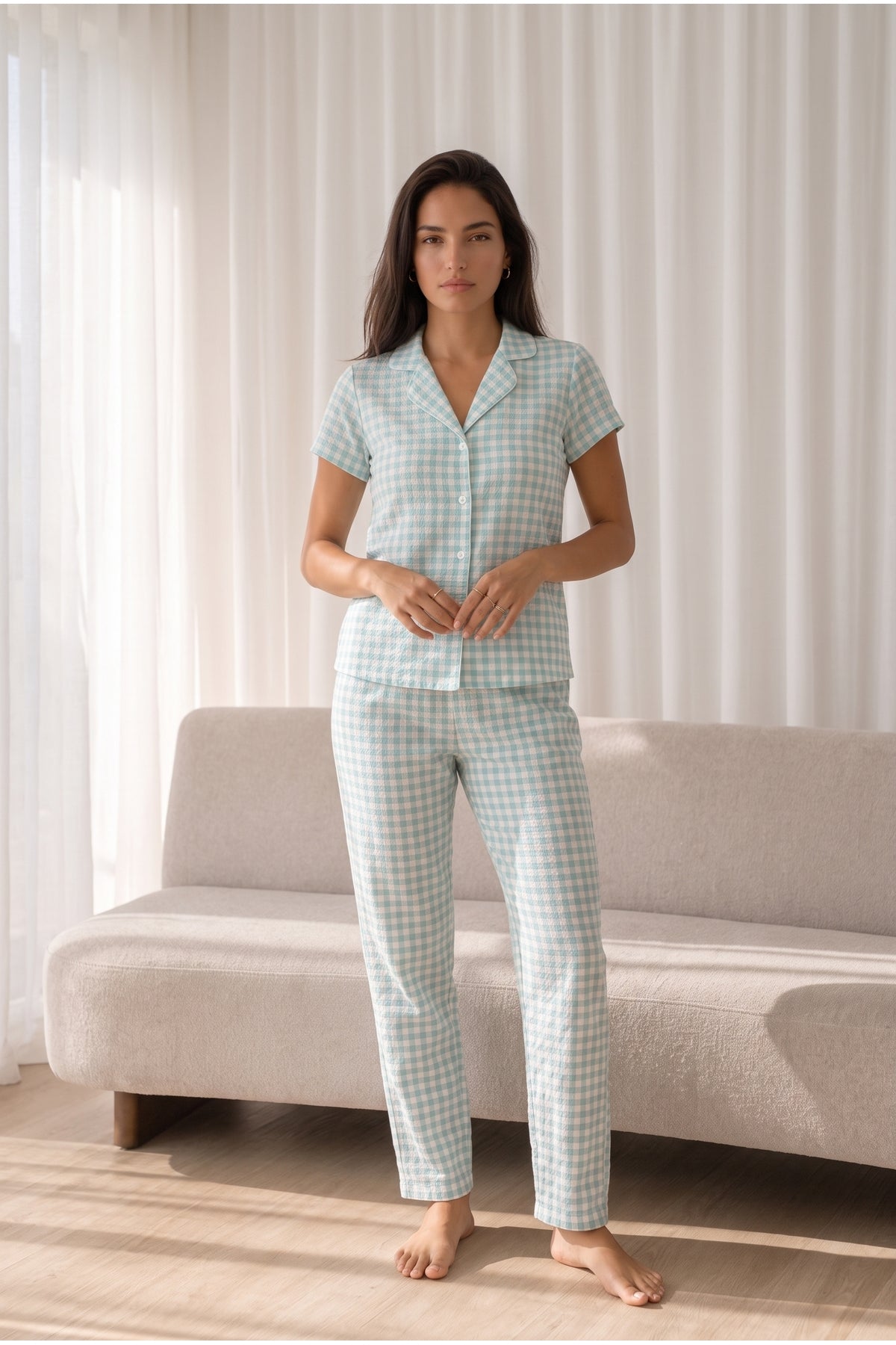 Kadın Loose Uzun Paça Pamuk Su Yeşili Pijama Takımı