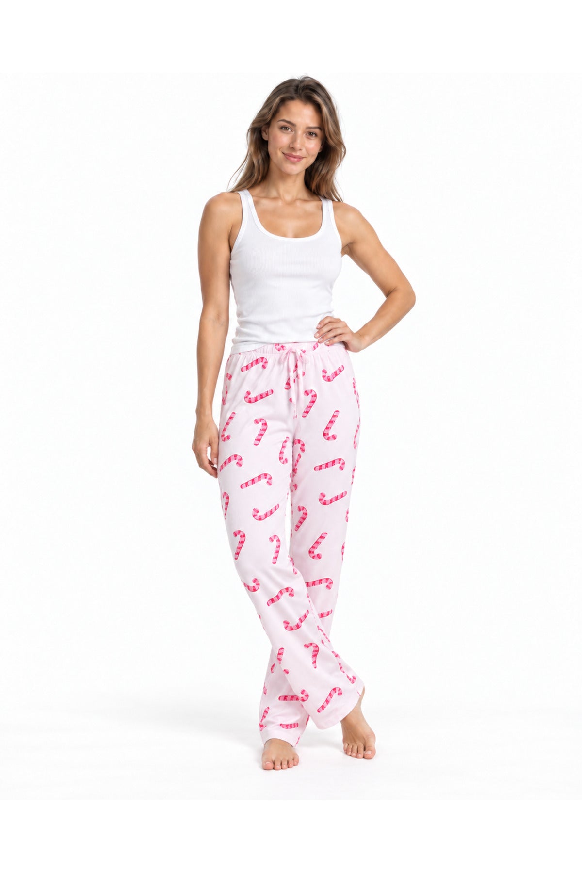 Kadın Çizgili Bluz Desenli Askılı Beyaz Pijama Takımı