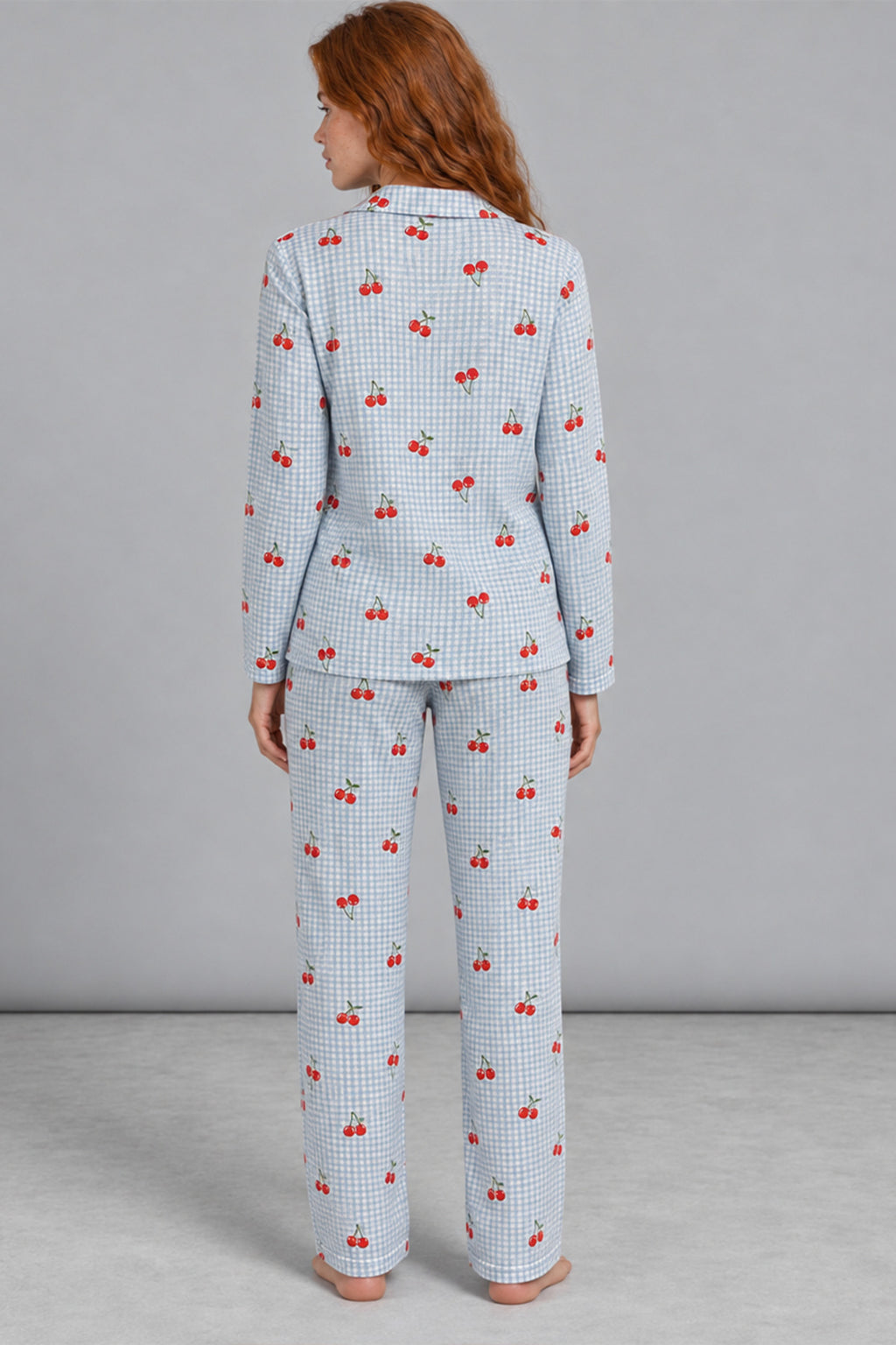 Kadın Kiraz Desenli Pötikare Mavi Pijama Takımı 4792