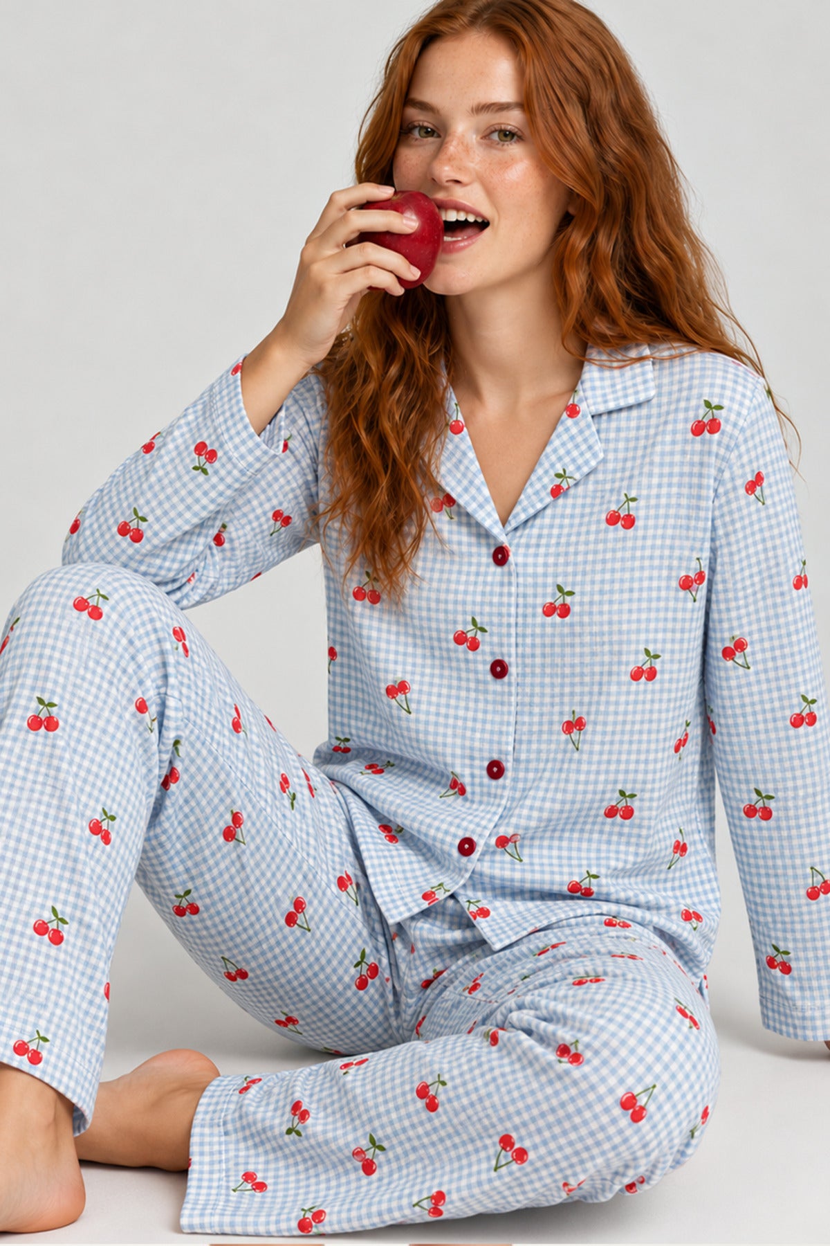 Kadın Kiraz Desenli Pötikare Mavi Pijama Takımı 4792