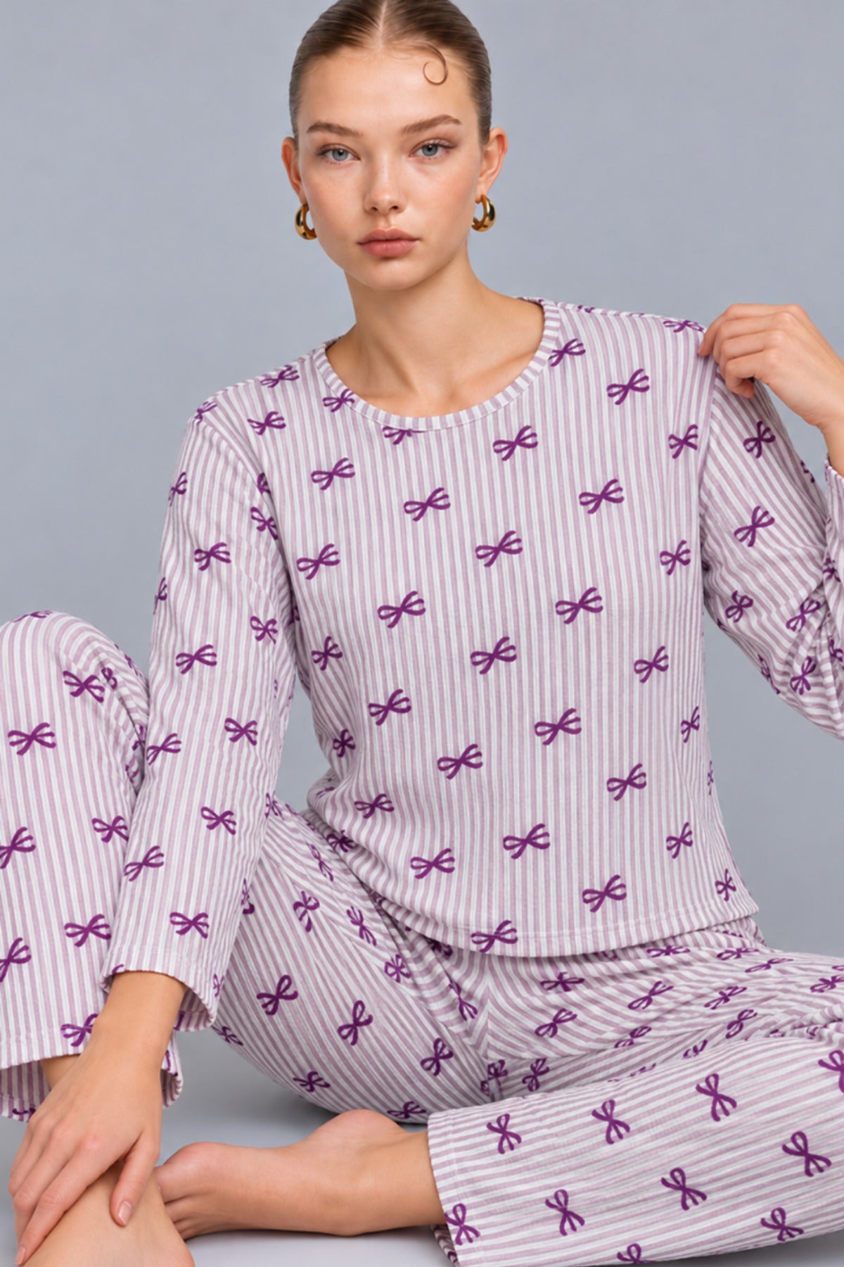Kadın Çizgili Rahat Desenli İkili Mor Pijama Takımı 4809