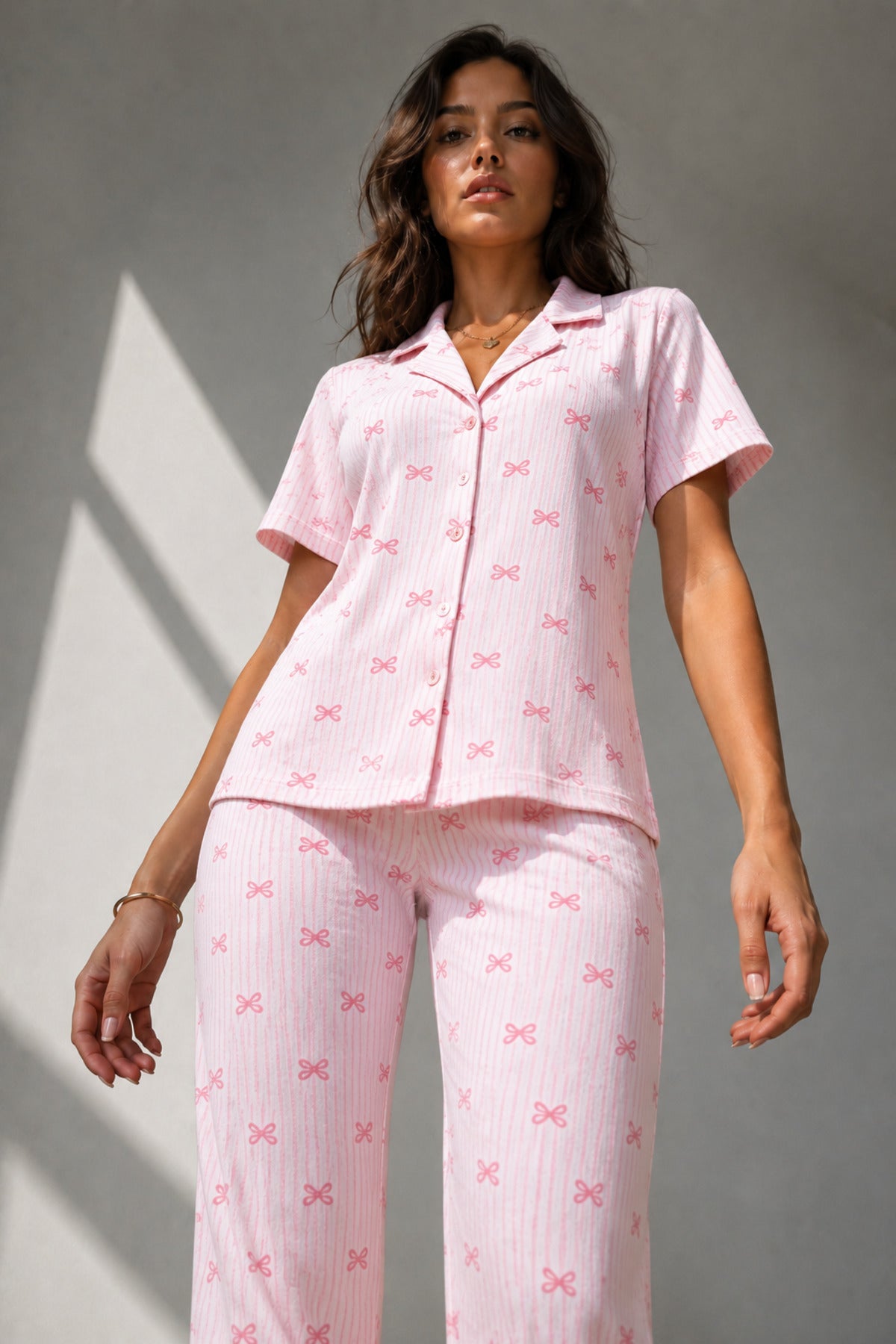 Kadın Klasik Doğal Düğme Gece Pembe Pijama Takımı