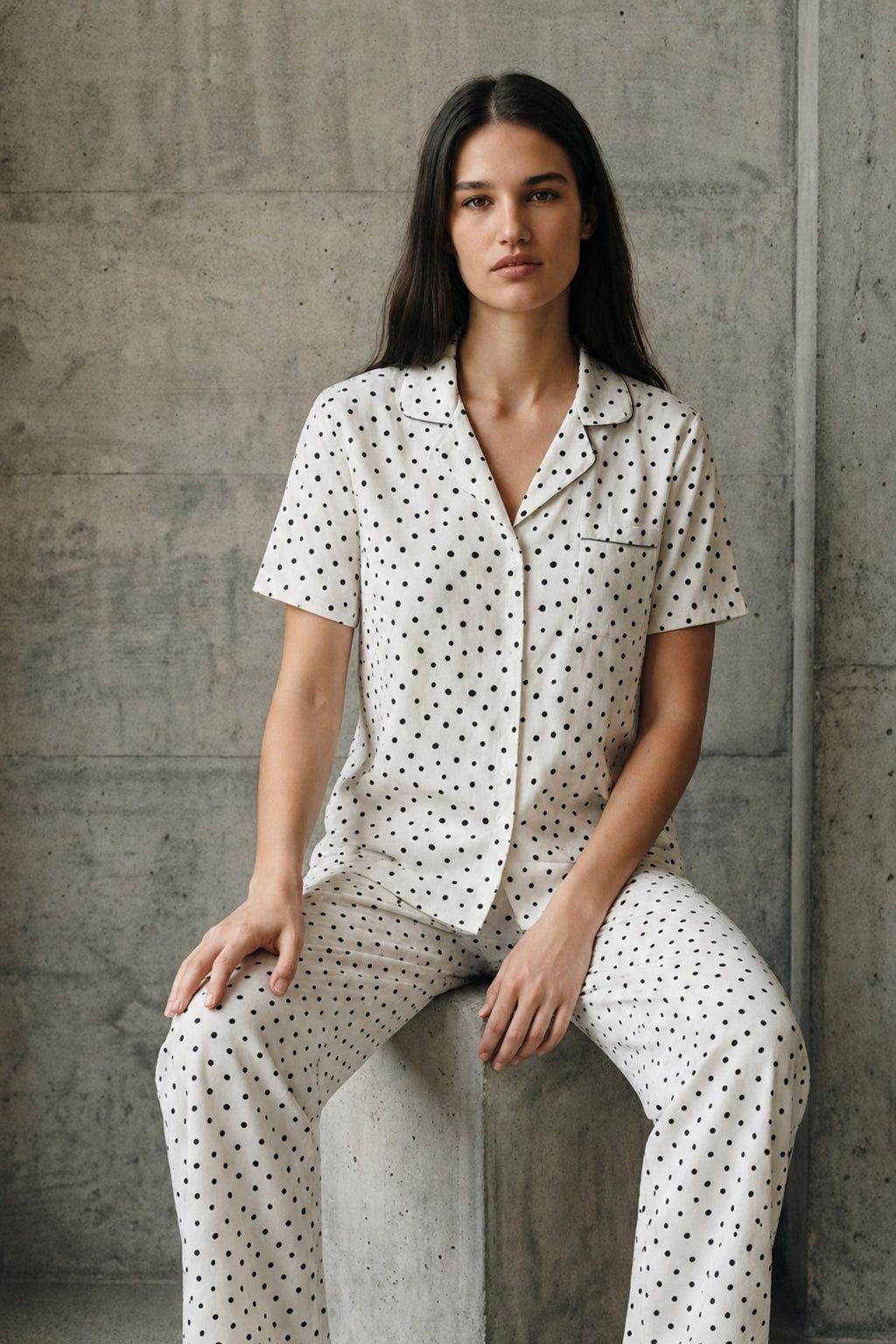 V Yaka Düğmeli Casual Kar Beyaz Pijama Takımı