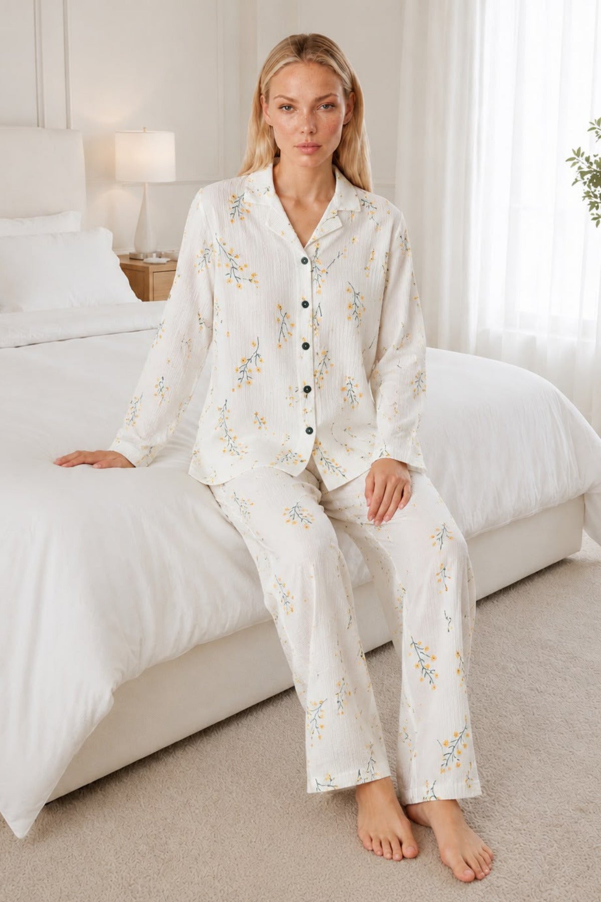 Kadın Desenli Beyaz Pijama Takımı 4674