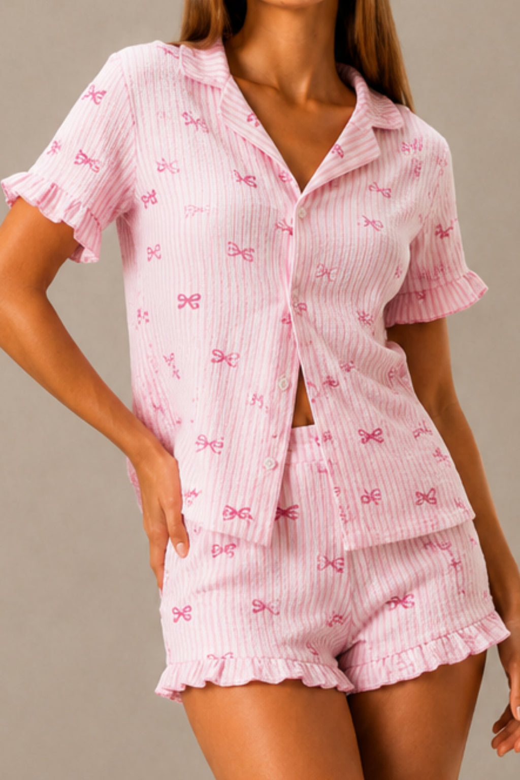Kadın Günlük Düğmeli V Yaka Pembe Pijama Takımı