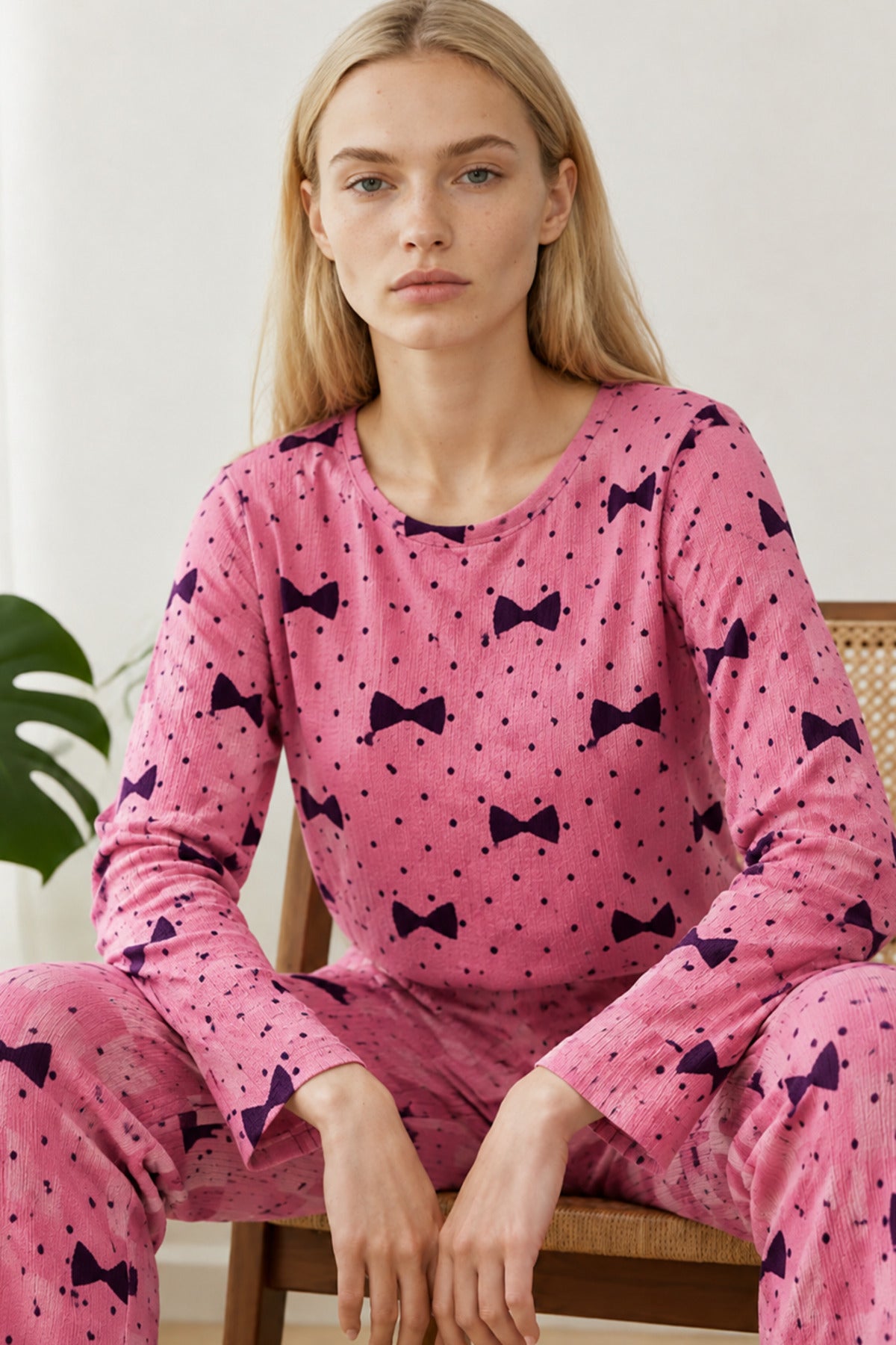 Kadın Desenli Nefes Alan Pembe Pijama Takımı 4694