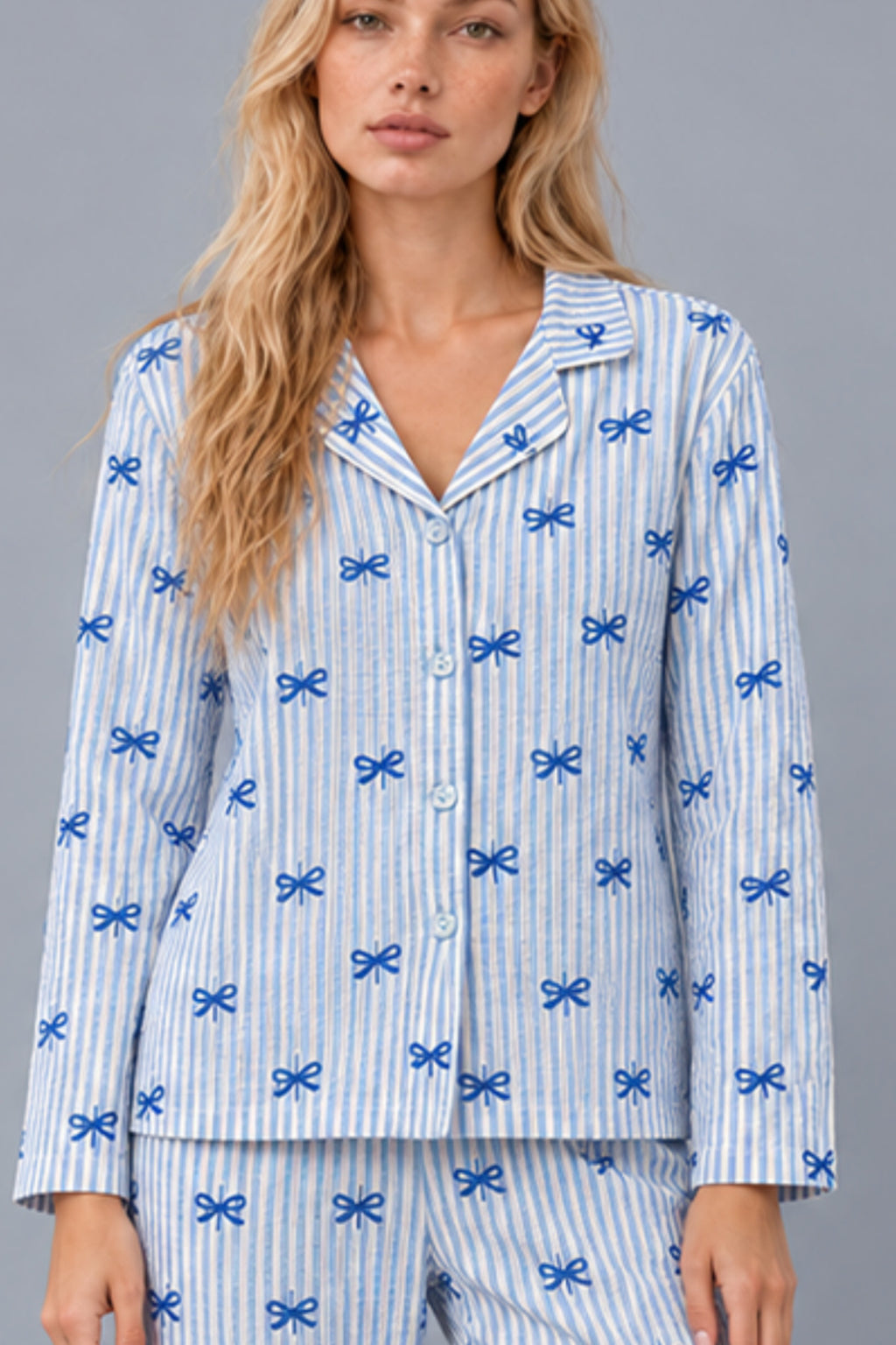 Kadın Gömlek Yaka Desenli Mavi Pijama Takımı 4816