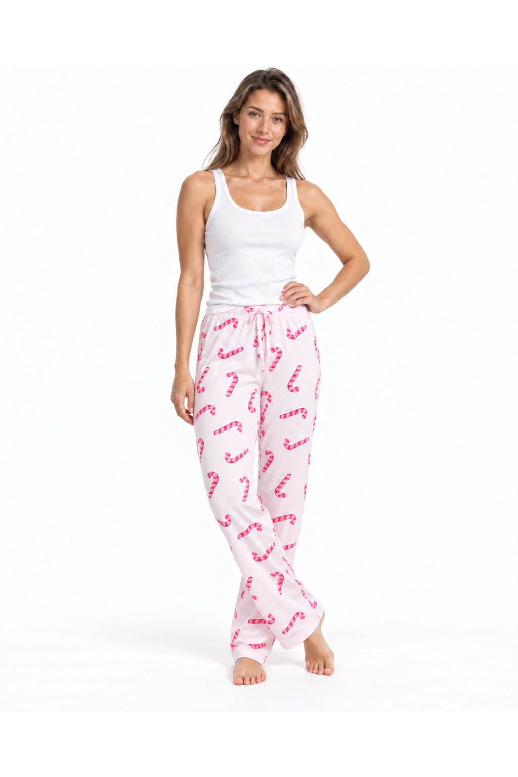 Kadın Çizgili Bluz Desenli Askılı Beyaz Pijama Takımı