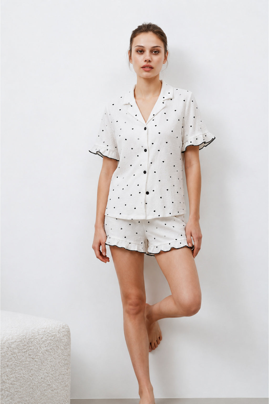 Kadın Premium Fırfırlı Beyaz Pijama Takımı