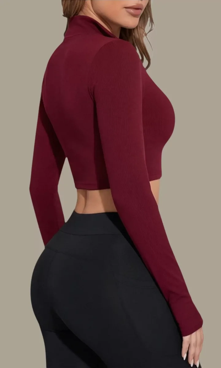 Kadın Bordo Uzun Kol Fermuarlı Parmak Geçme Detaylı Dik Yaka Crop Top Bluz
