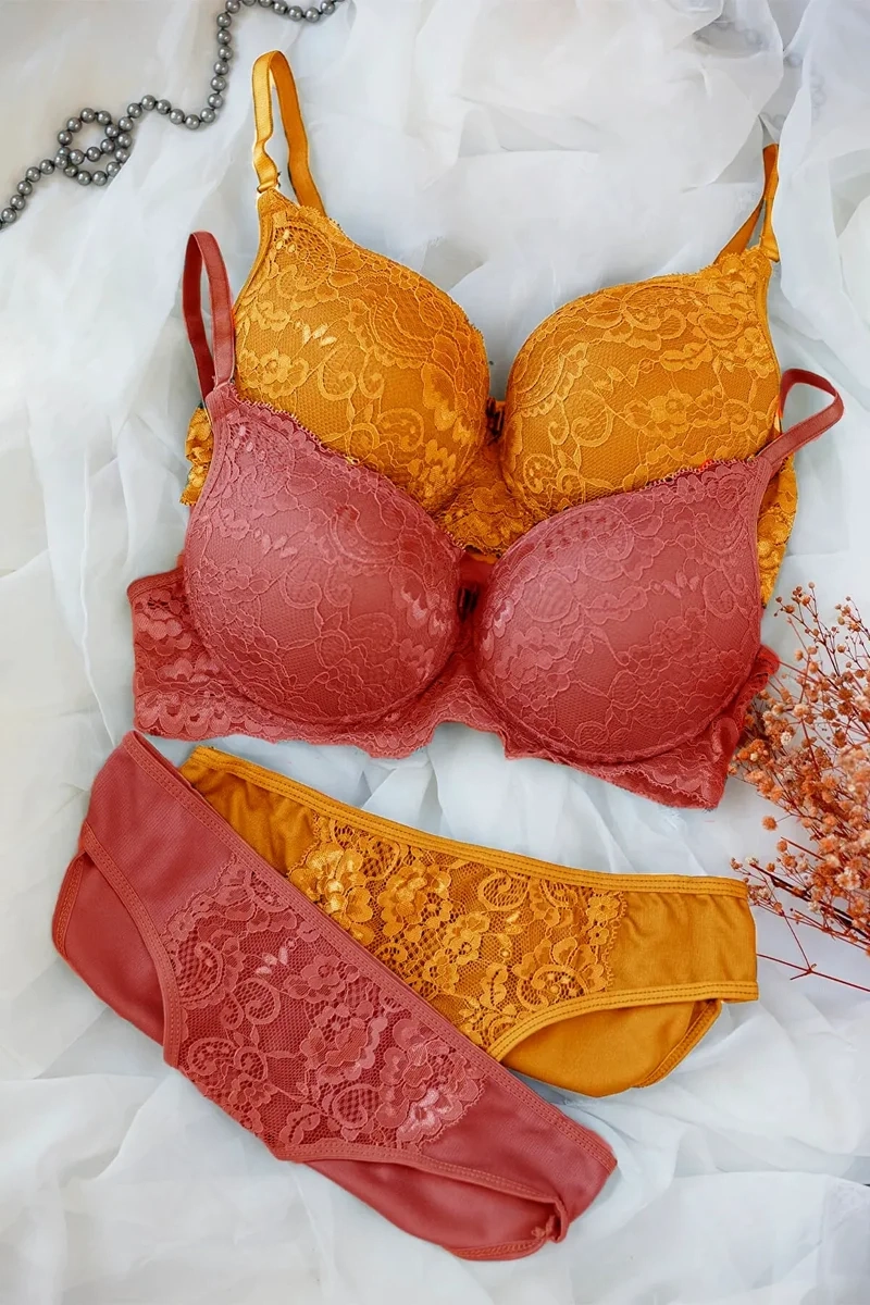 Kadın Hardal Ve Kiremit Rengi Dolgulu Balenli Sütyen Külot 2'li Paket – Modern ve Şık Tasarım