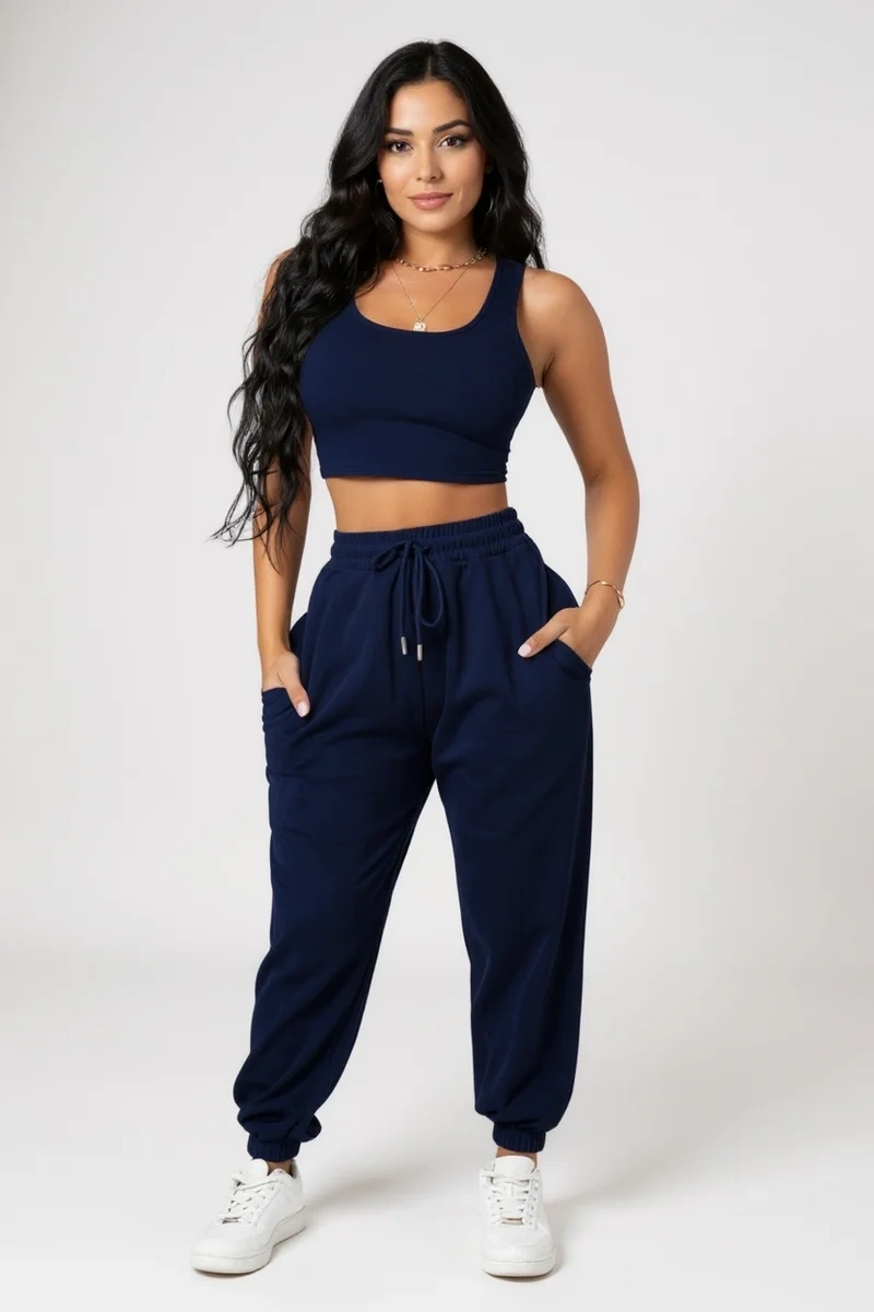 Kadın Lacivert Kaşkorse Cepli Jogger Eşofman Altı ve Crop Top Bluz – Şık, Rahat ve Kolay Kombinlenebilir