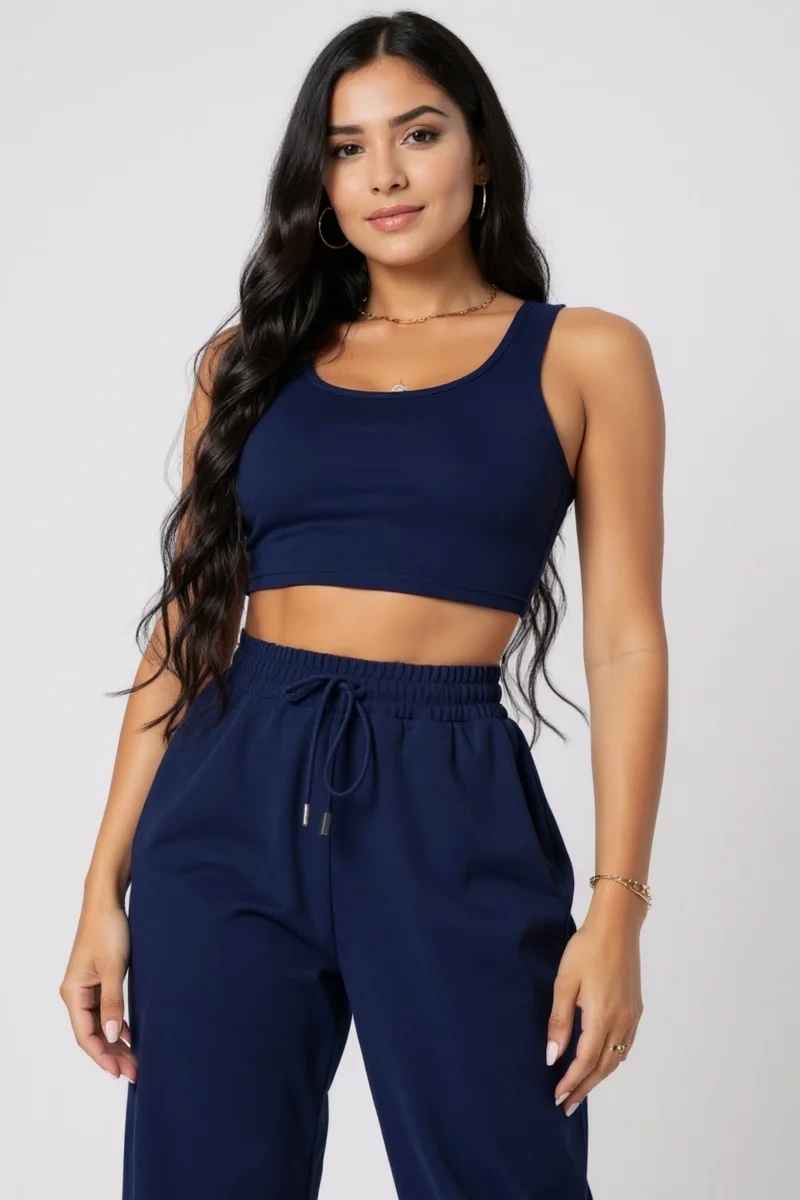Kadın Lacivert Kaşkorse Cepli Jogger Eşofman Altı ve Crop Top Bluz – Şık, Rahat ve Kolay Kombinlenebilir