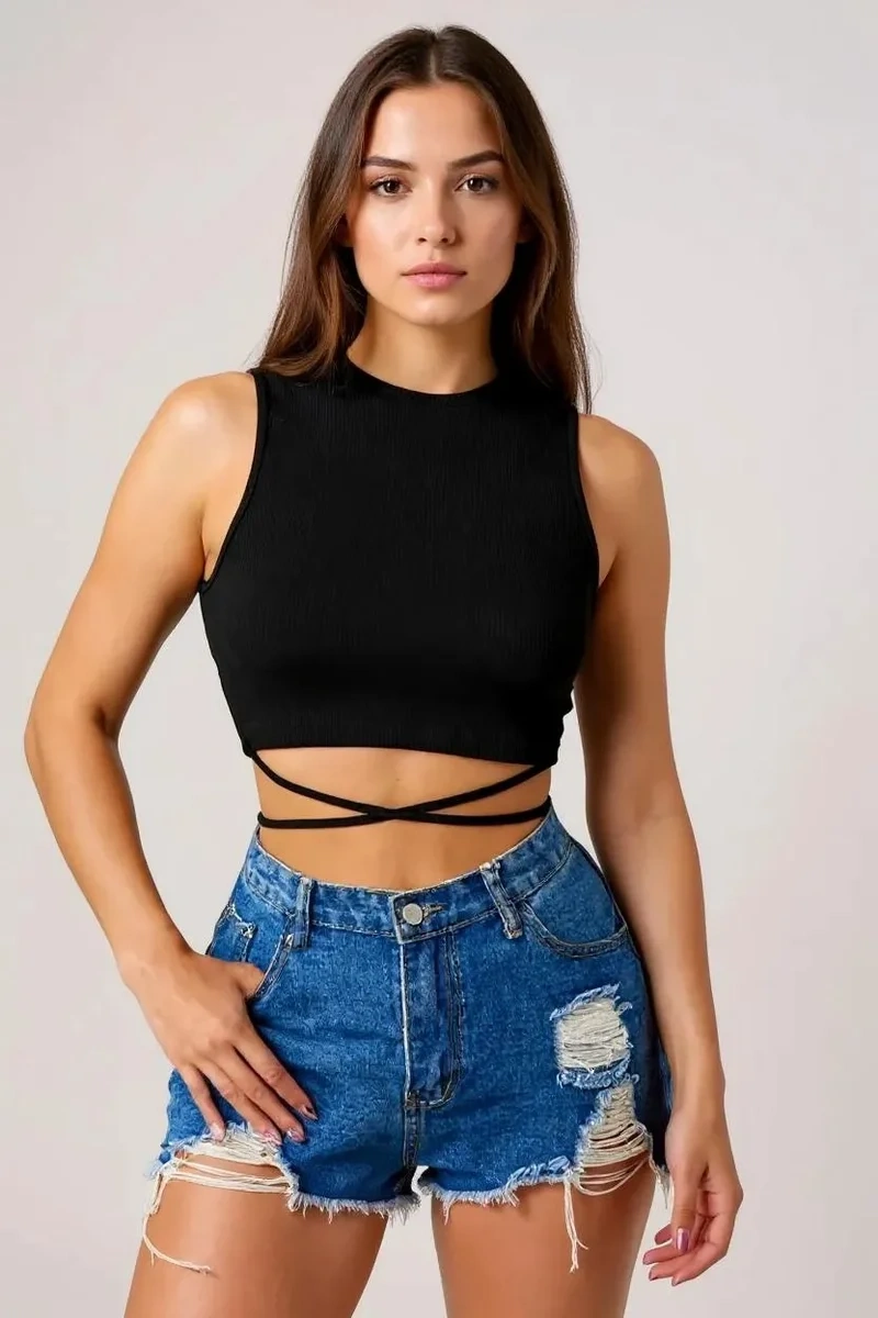 Kadın Siyah Çapraz Bağlamalı Crop Top Büstiyer – Modern ve Şık Tasarım