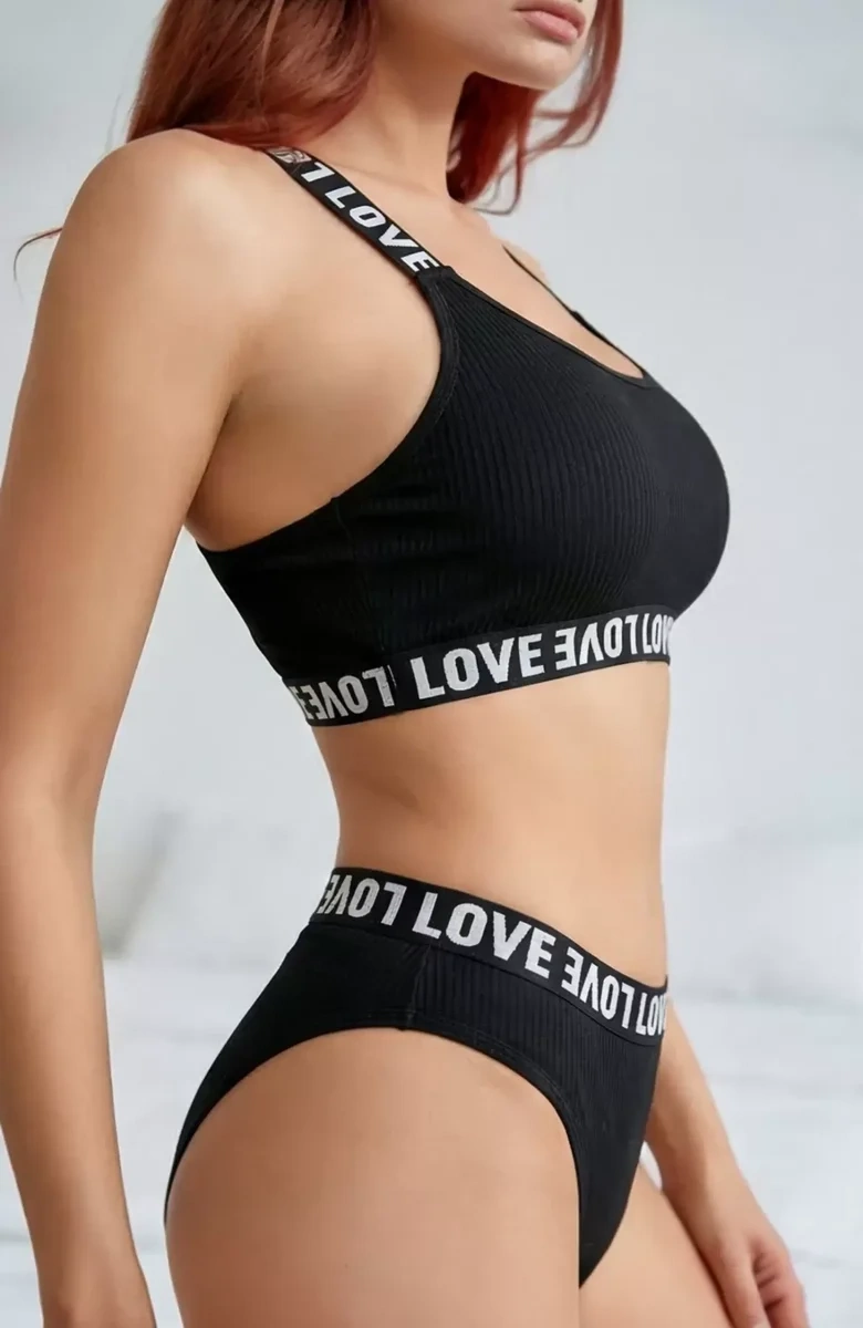 Kadın Siyah Çapraz Sırt ve Love Lastik Detaylı Sütyen Külot Takım