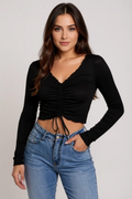 Kadın Siyah Uzun Kollu Büzdürme Bağcık Detaylı Crop Top Bluz – Şık, Rahat ve Kolay Kombinlenebilir