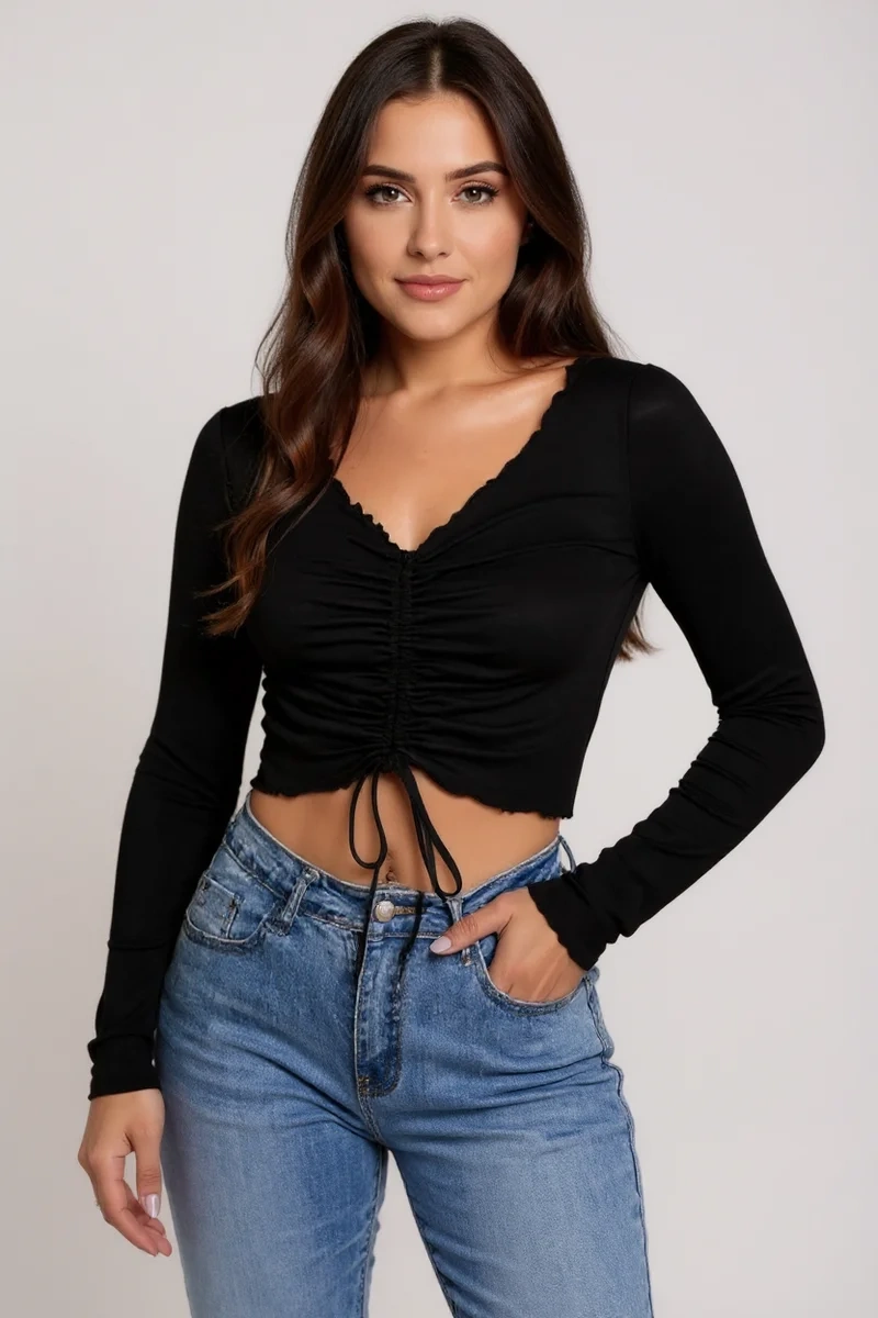 Kadın Siyah Uzun Kollu Büzdürme Bağcık Detaylı Crop Top Bluz – Şık, Rahat ve Kolay Kombinlenebilir
