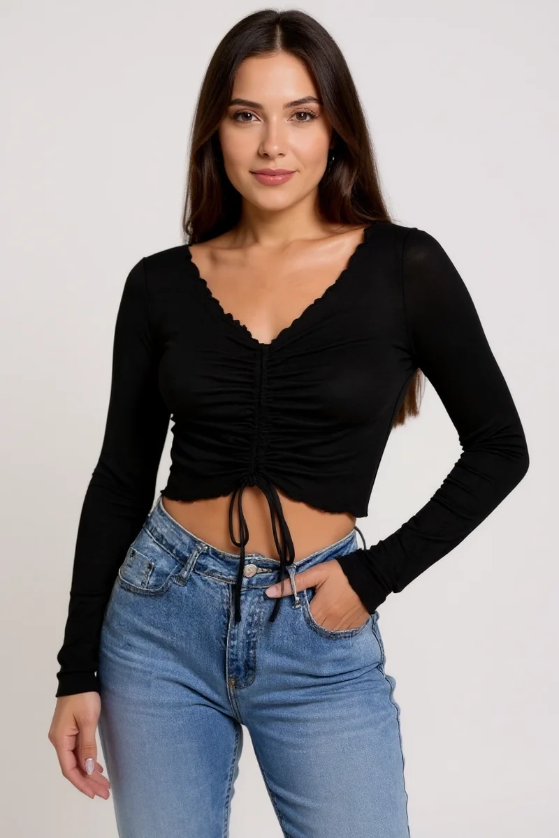 Kadın Siyah Uzun Kollu Büzdürme Bağcık Detaylı Crop Top Bluz – Şık, Rahat ve Kolay Kombinlenebilir