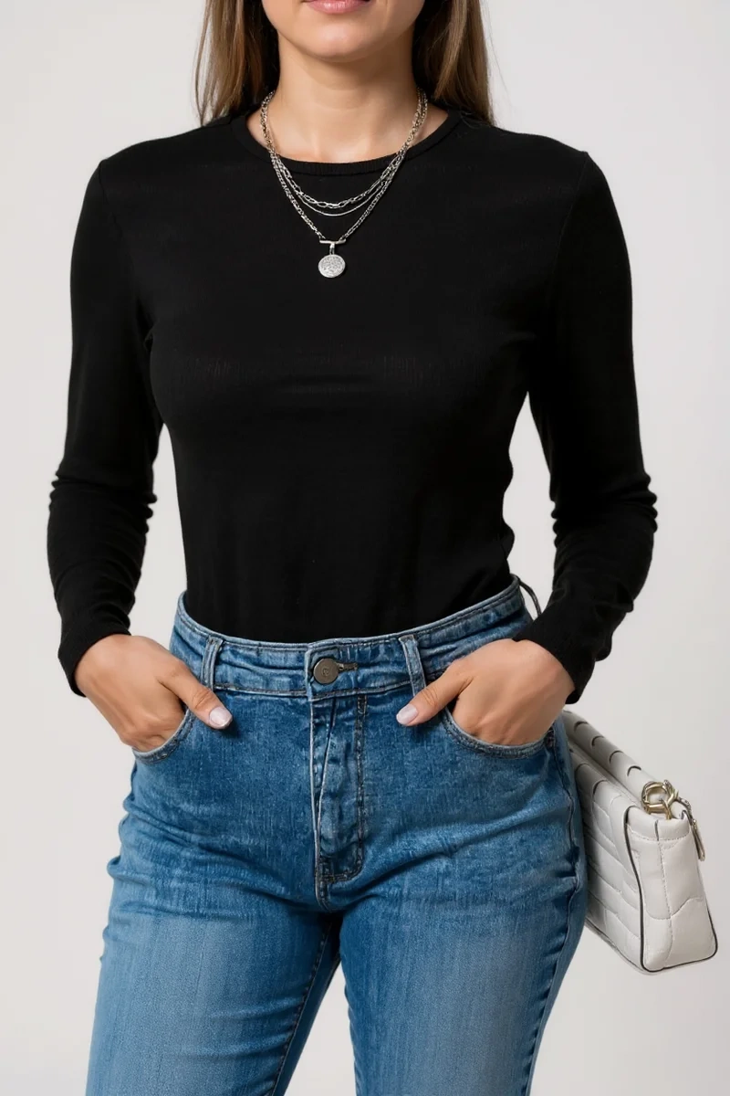 Kadın Siyah Uzun Kollu Fit Basic Crop Top Bluz
