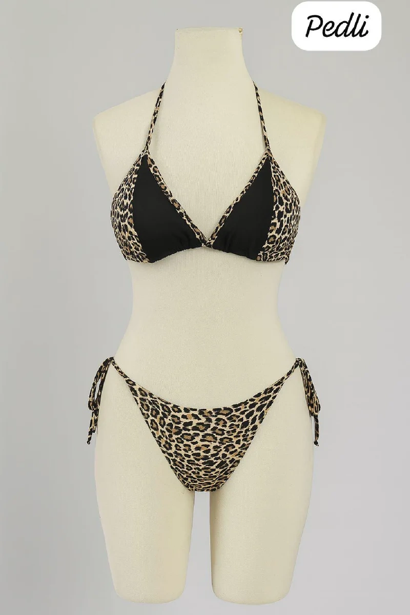 Kadın Siyah ve Leopar Detaylı Yandan Bağlamalı Bikini Takımı – Modern, Konforlu ve Günlük Kombinlere Uygun
