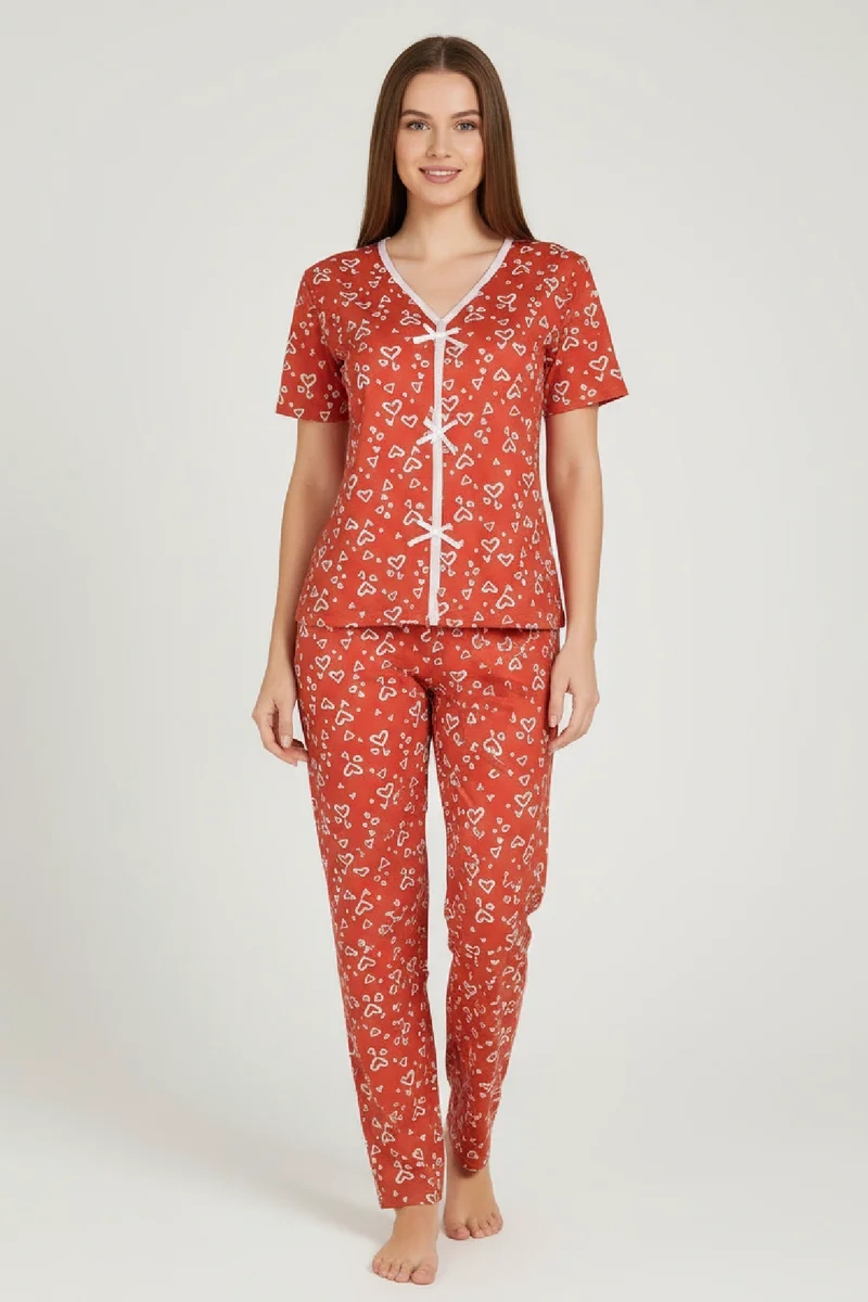 Kadın Turuncu Kalp Desenli Fiyonklu Kısa Kollu Uzun Pijama Takımı