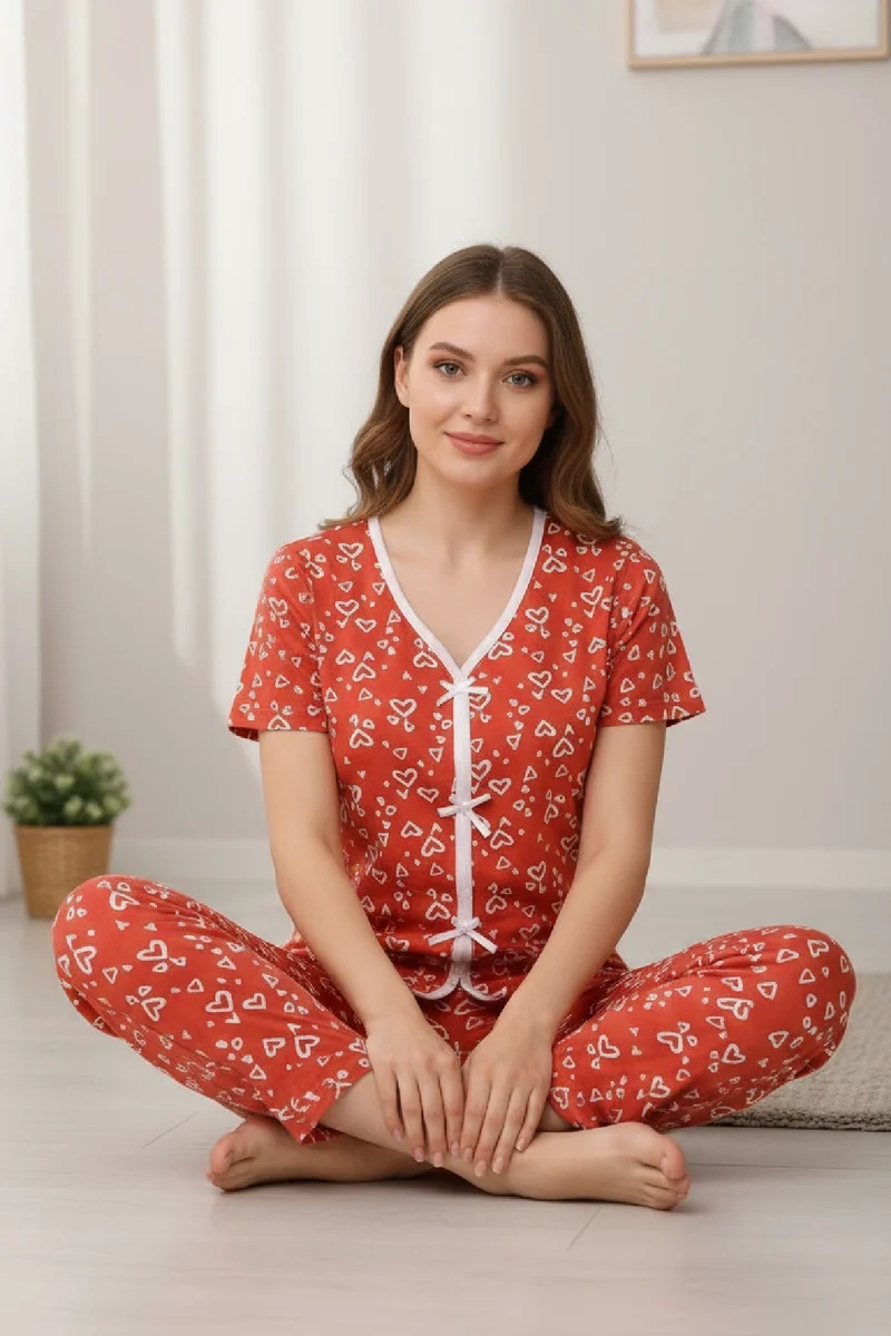 Kadın Turuncu Kalp Desenli Fiyonklu Kısa Kollu Uzun Pijama Takımı