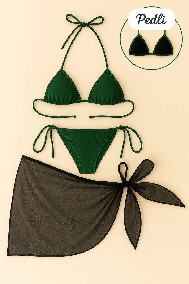 Kadın Yeşil Siyah Pareolu Yandan ve Boyundan Bağlamalı 3'lü Bikini Takımı – Modern, Konforlu ve Günlük Kombinlere Uygun